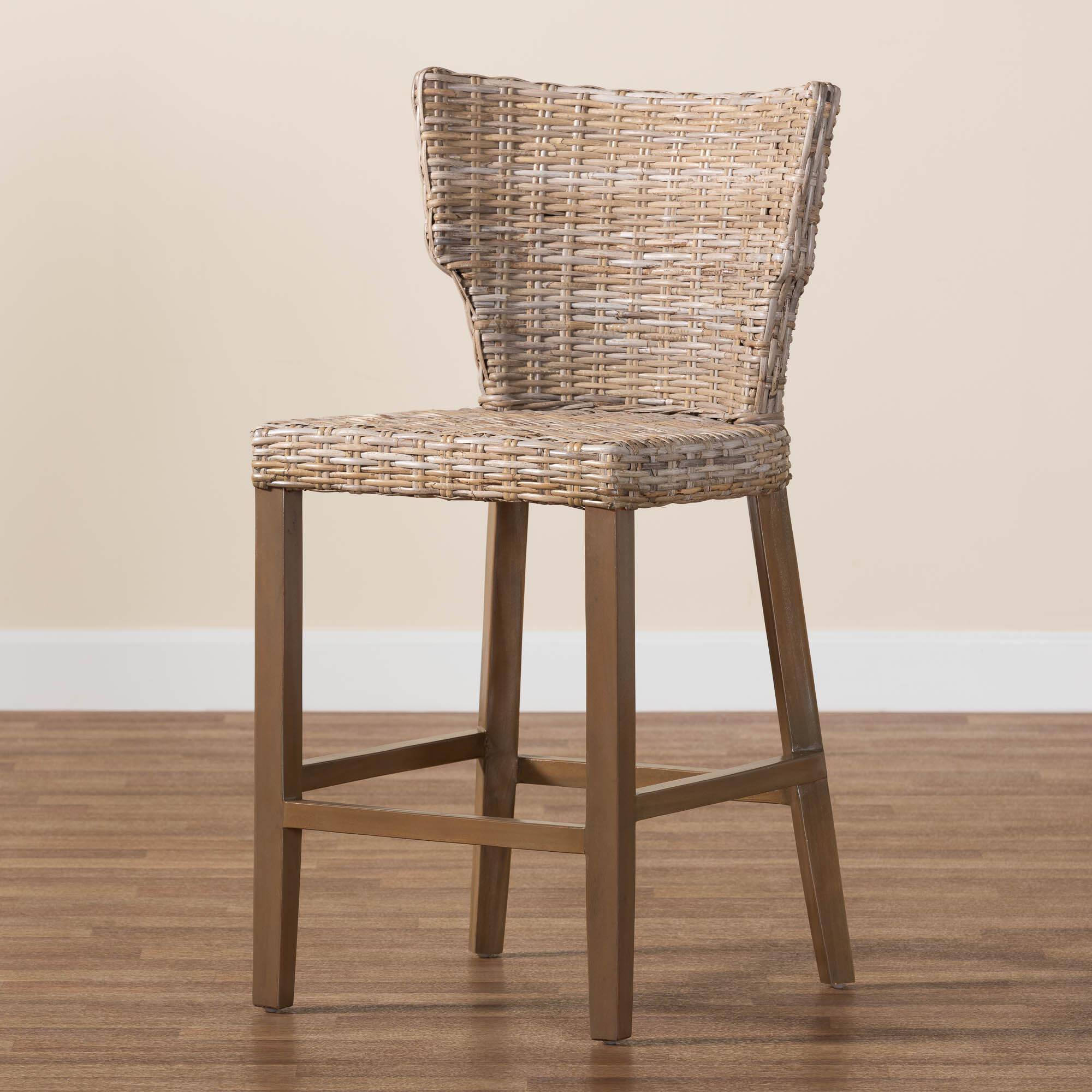 Alt View 5. bali & pari - Enver Modern Bohemian Kubu Rattan and Mahogany Wood Counter Stool - Kubu Grey/Rustic Taupe.