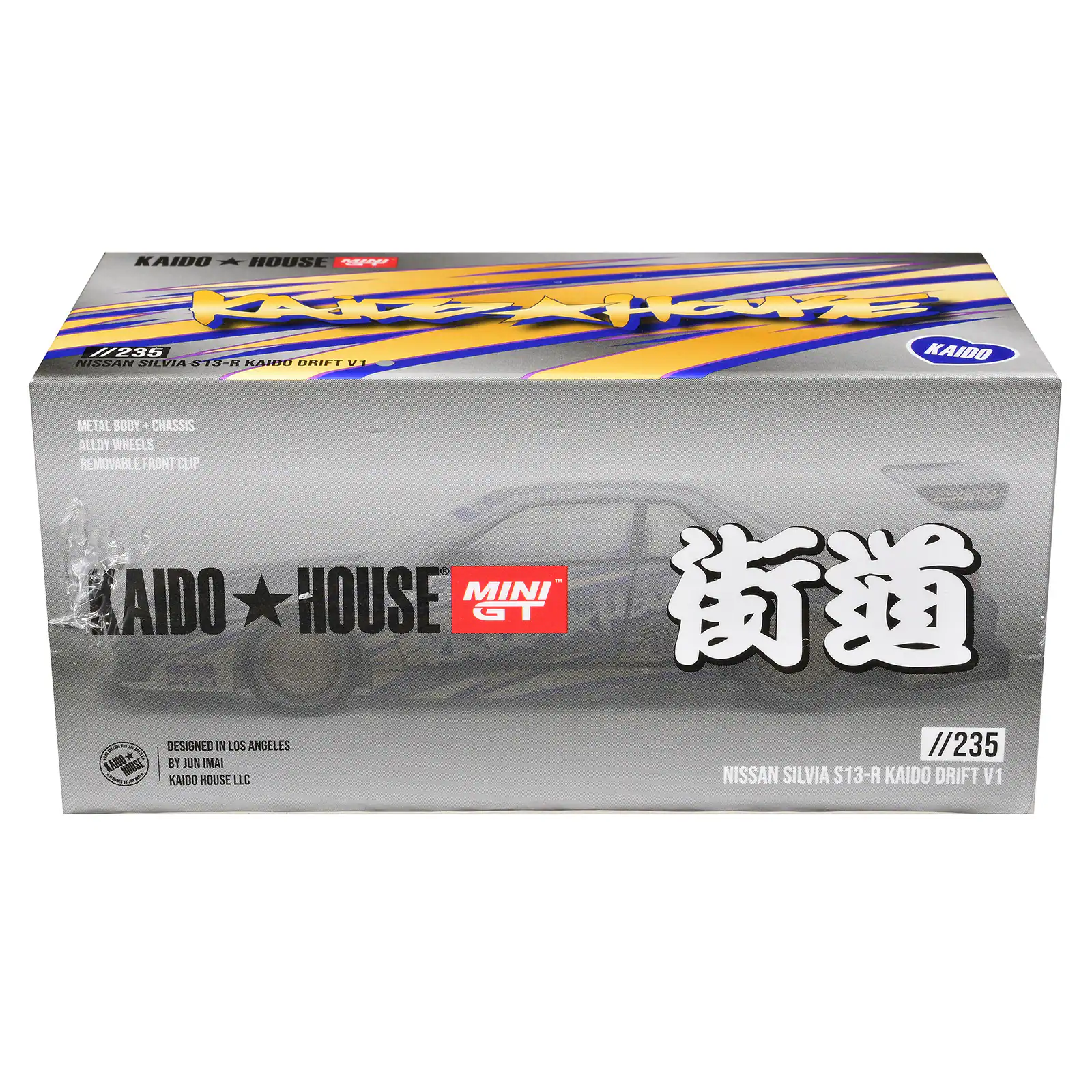 KAIDO - HOUSE  
PNEE 4/236  
NRVIA T3-  
VI KAIDO NISSAN KAMO DRIFT METAL BODY + CHASSIS ALLOY WHEELS REMOVABLE FRONT CLIP URRA HOUSE MINI GT  
DESIGNED IN LOS ANGELES //235 * BY JUN MAI !  
KAIDO MOUSE LLC NISSAN SILVIA S13-R KAIDO DRIFT V1