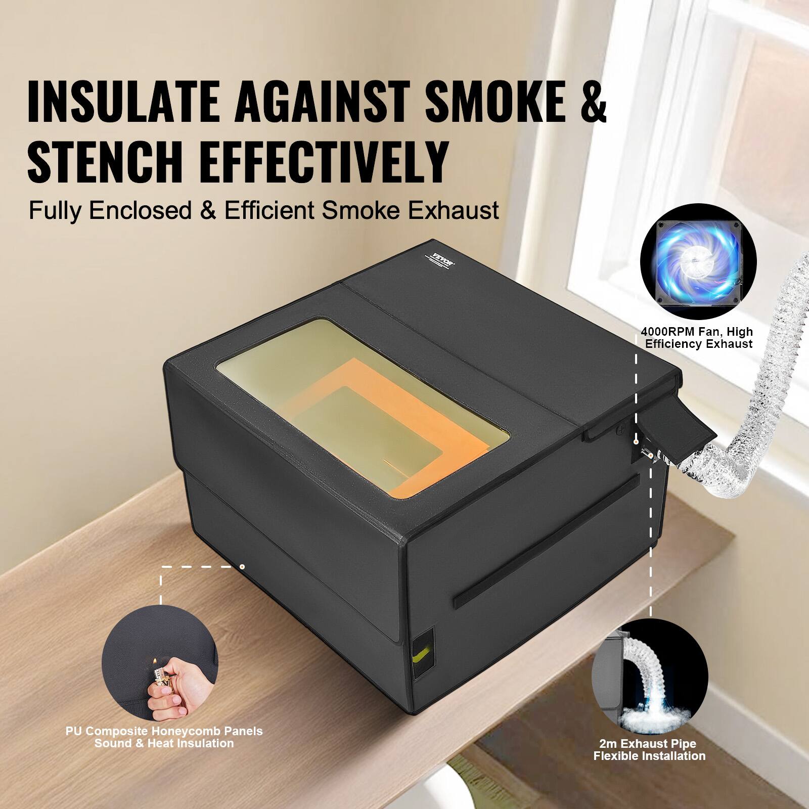 INSULATE AGAINST SMOKE & STENCH EFFECTIVELY

Fully Enclosed & Efficient Smoke Exhaust

- 4000RPM Fan, High Efficiency Exhaust
- PU Composite Honeycomb Panels Sound & Heat Insulation
- 2m Exhaust Pipe Flexible Installation