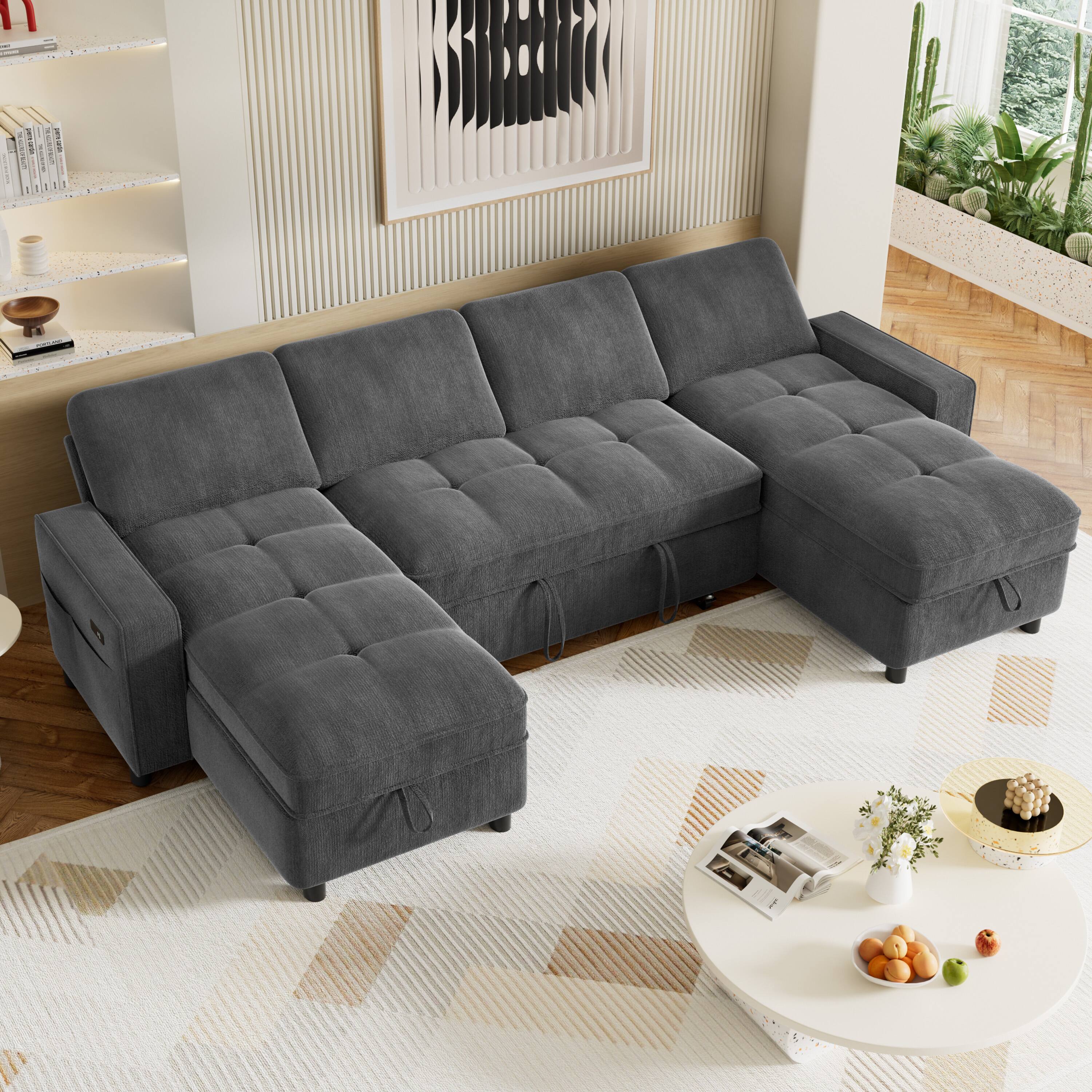 Angle. Vipbear - Vipbear 108" 4 Seat Modular Sectional Sofa with USB Ports, Adjustable Backrest, 2 Storage Seats,Dark Gray - Gray.