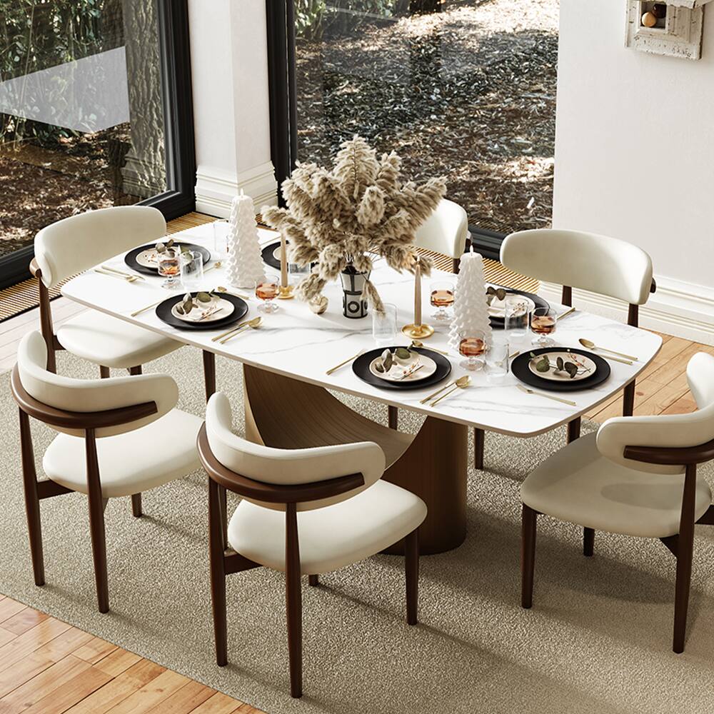 Front. POVISON - 79" Modern Minimalist Dining Table for 6-8, White Rectangular Matte Sintered Stone Tabletop, Bronze Carbon Steel Leg - Matte White Sintered Stone with Bronze.