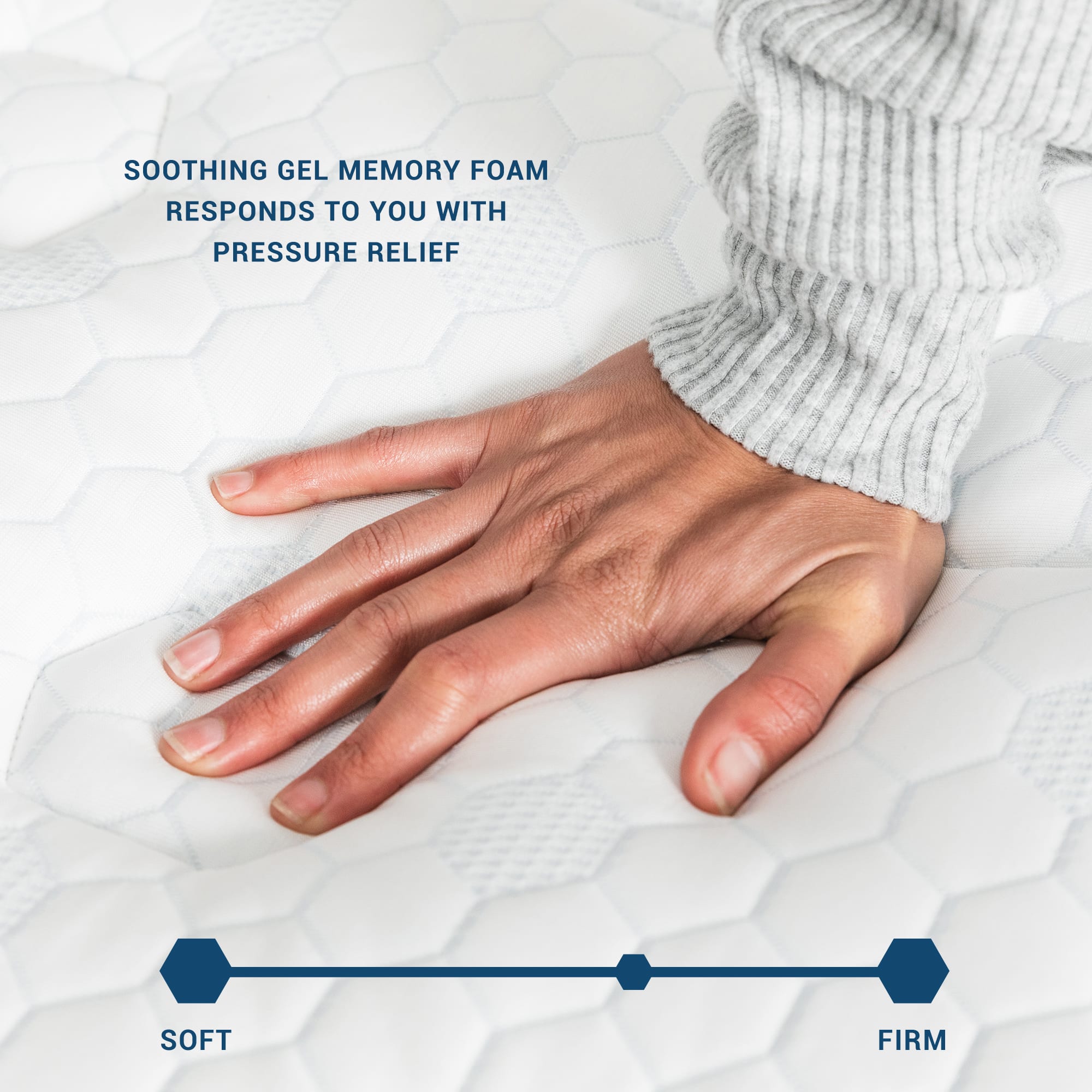 SOOTHING GEL MEMORY FOAM RESPONDS TO YOU WITH PRESSURE RELIEF. SOFT FIRM.
