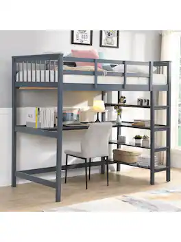Trinkets Crazed - Full Loft Bed With Desk And Storage Shelves, Wood Full Size Loft Bed, High Loft Bed Full - Gray