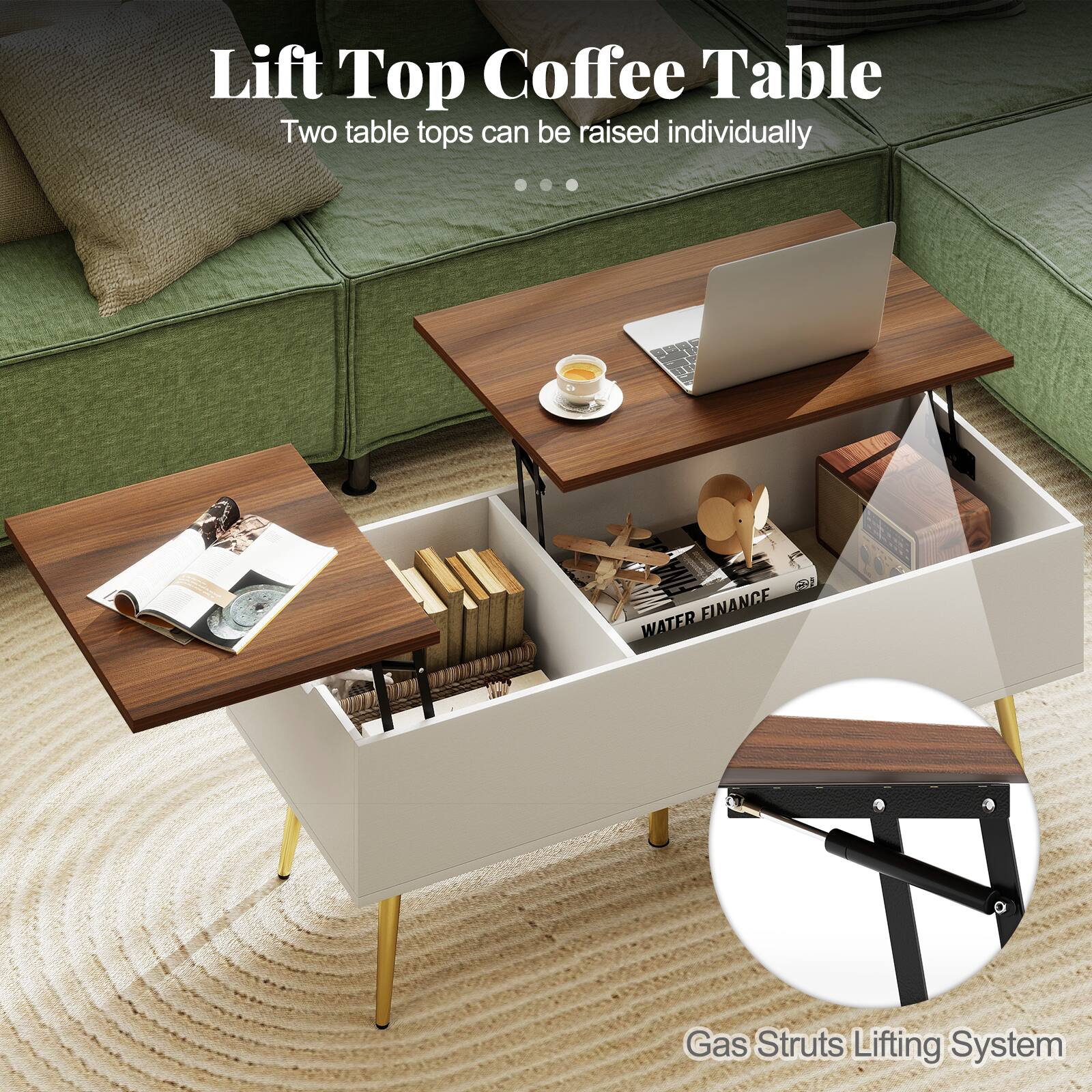 Lift Top Coffee Table

Two table tops can be raised individually

Gas Struts Lifting System
