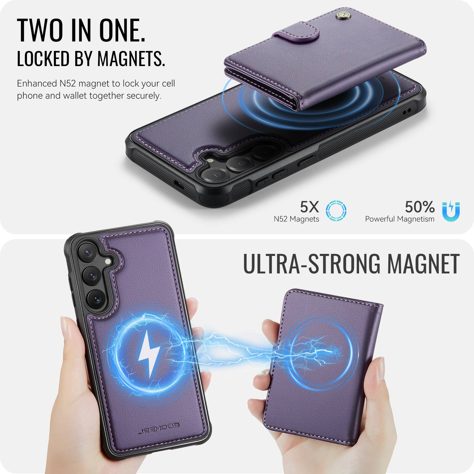 TWO IN ONE.  
LOCKED BY MAGNETS.  
Enhanced N52 magnet to lock your cell phone and wallet together securely.  

5X N52 Magnets  
50% Powerful Magnetism  

ULTRA-STRONG MAGNET