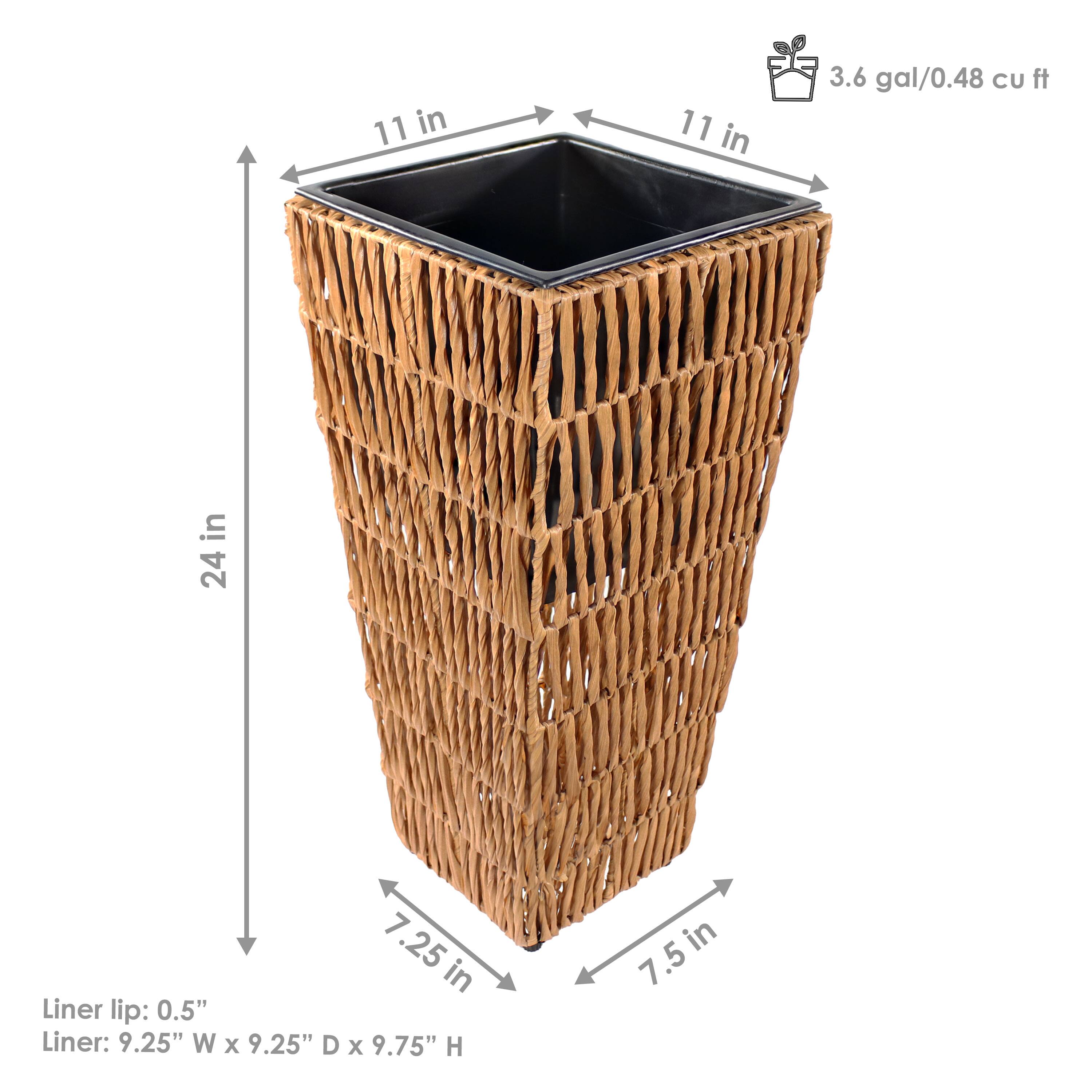 - 11 in (width and depth of the basket)
- 24 in (height of the basket)
- 7.25 in (depth of the liner)
- 7.5 in (width of the liner)
- Liner lip: 0.5"
- Liner: 9.25" W x 9.25" D x 9.75" H
- 3.6 gal/0.48 cu ft (capacity)