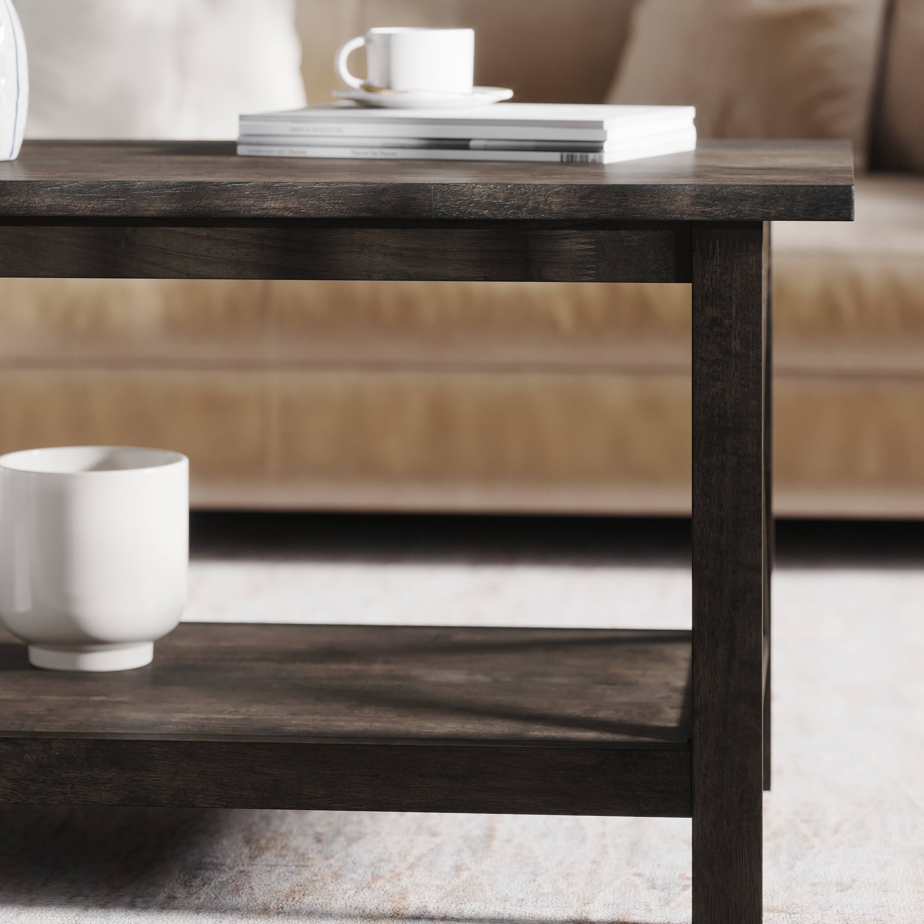 Alt View 4. Emma + Oliver - Mitchell Solid Wood Farmhouse Style Coffee Table with Storage Shelf - Dark Gray.