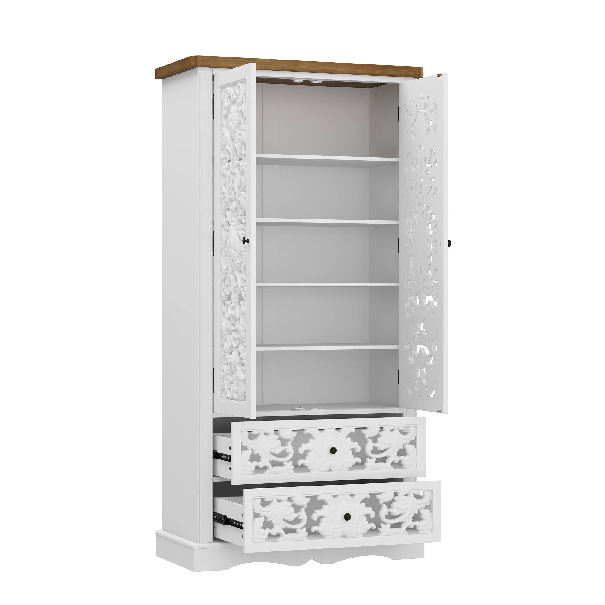 Left. Famapy - Famapy Decorative Storage Cabinet with Hollow - Out Floral Design - White & Wooden.