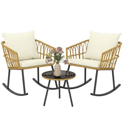 Front. Outsunny - Wicker Outdoor Rocking Chair Set, 3 Piece Patio Bistro Set with 2 Porch Rocker Chairs - Cream White.
