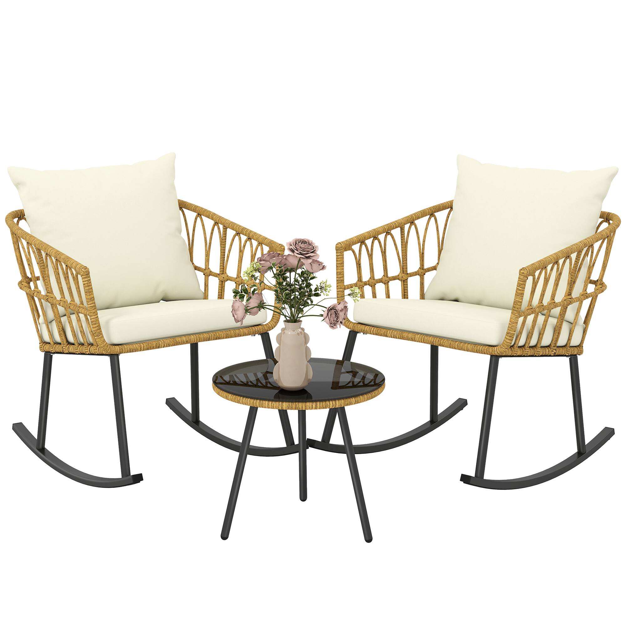 Front. Outsunny - Wicker Outdoor Rocking Chair Set, 3 Piece Patio Bistro Set with 2 Porch Rocker Chairs - Cream White.