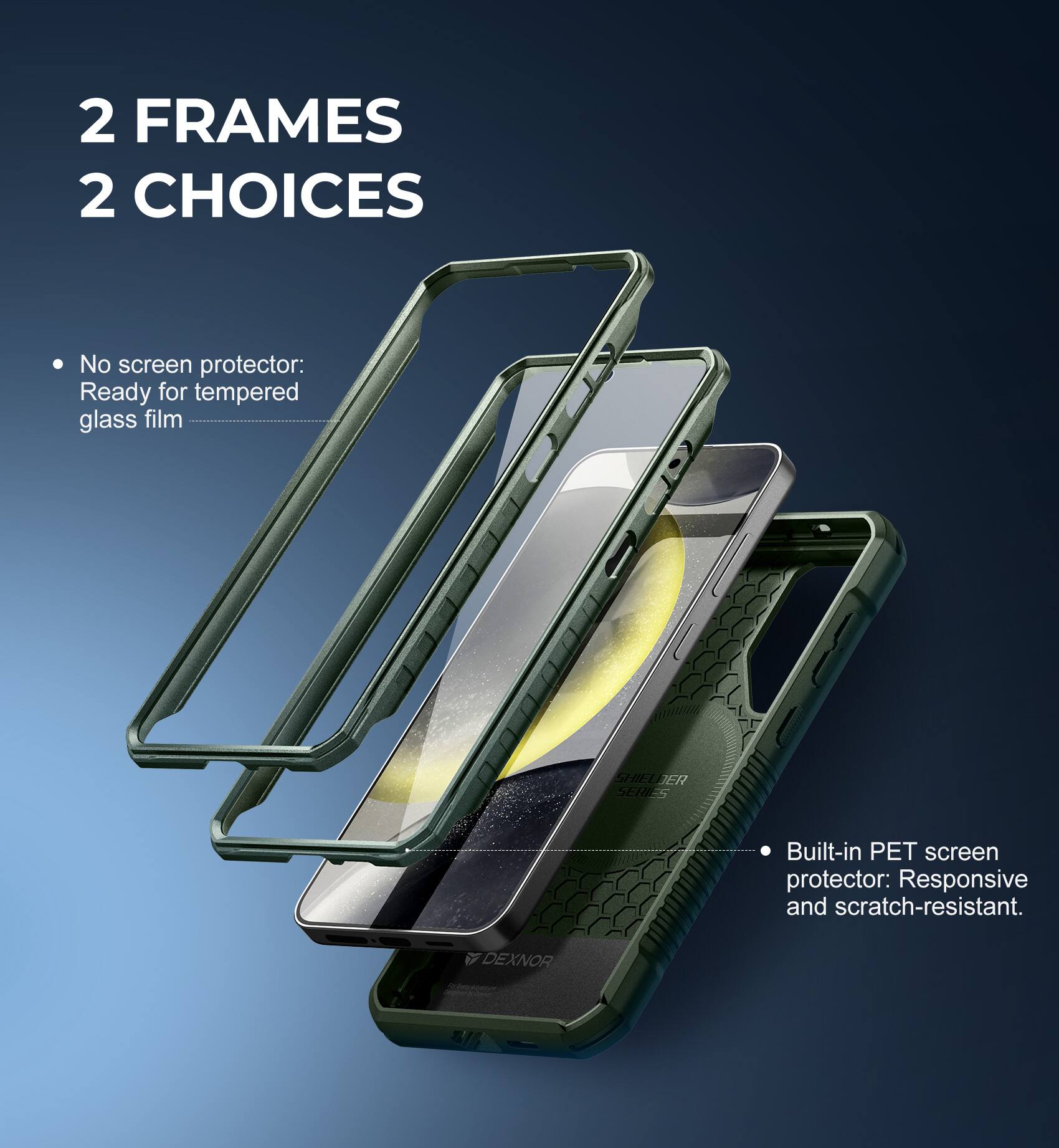 2 FRAMES 2 CHOICES

- No screen protector: Ready for tempered glass film
- Built-in PET screen protector: Responsive and scratch-resistant.