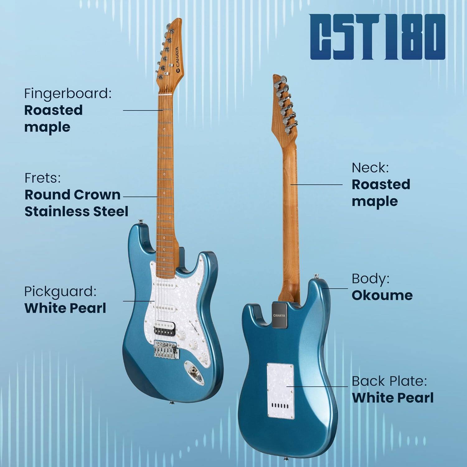 Fingerboard: Roasted maple  
Frets: Round Crown Stainless Steel  
Neck: Roasted maple  
Pickguard: White Pearl  
Body: Okoume  
Back Plate: White Pearl