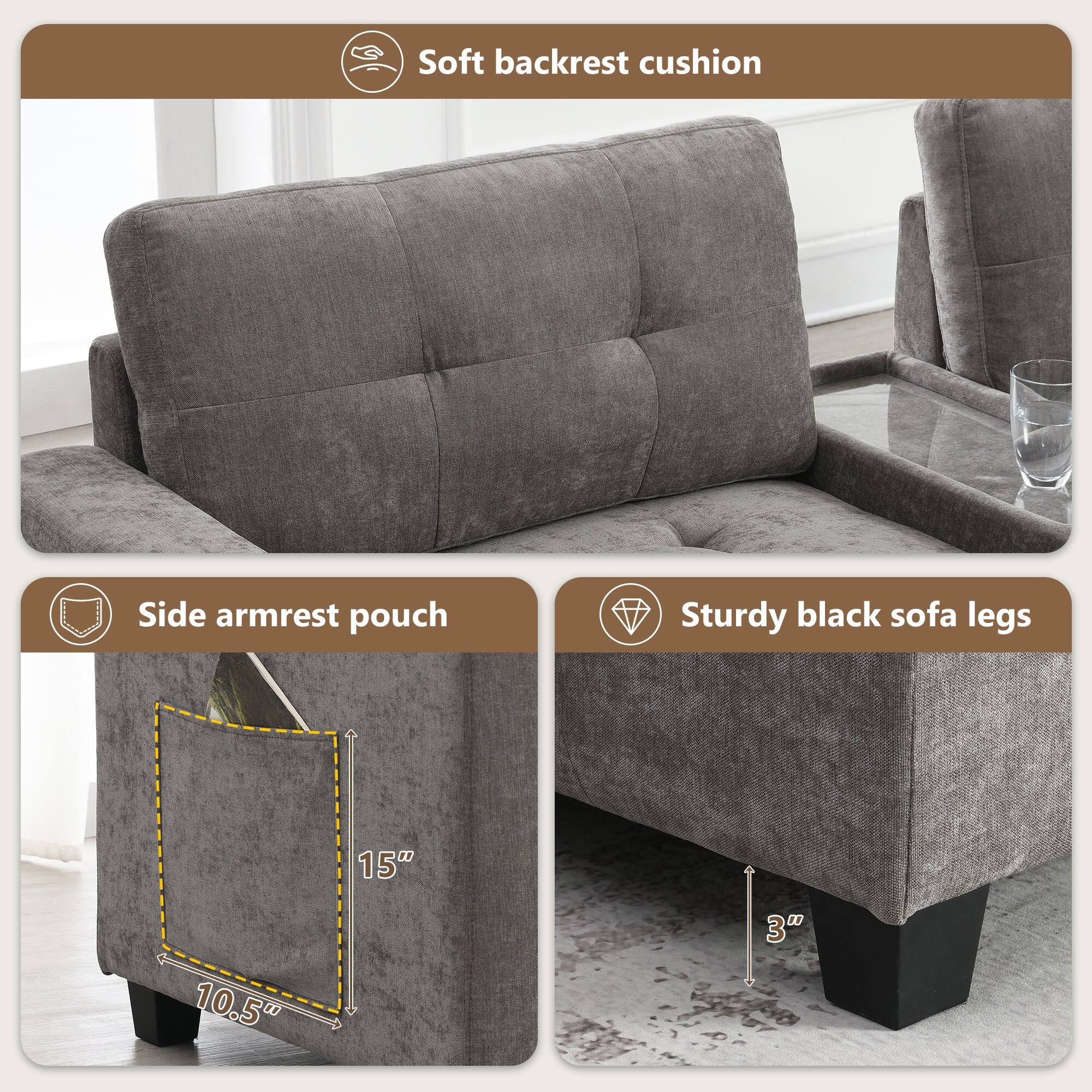 - Soft backrest cushion
- Side armrest pouch
- Sturdy black sofa legs
- 15" x 10.5" x 3"