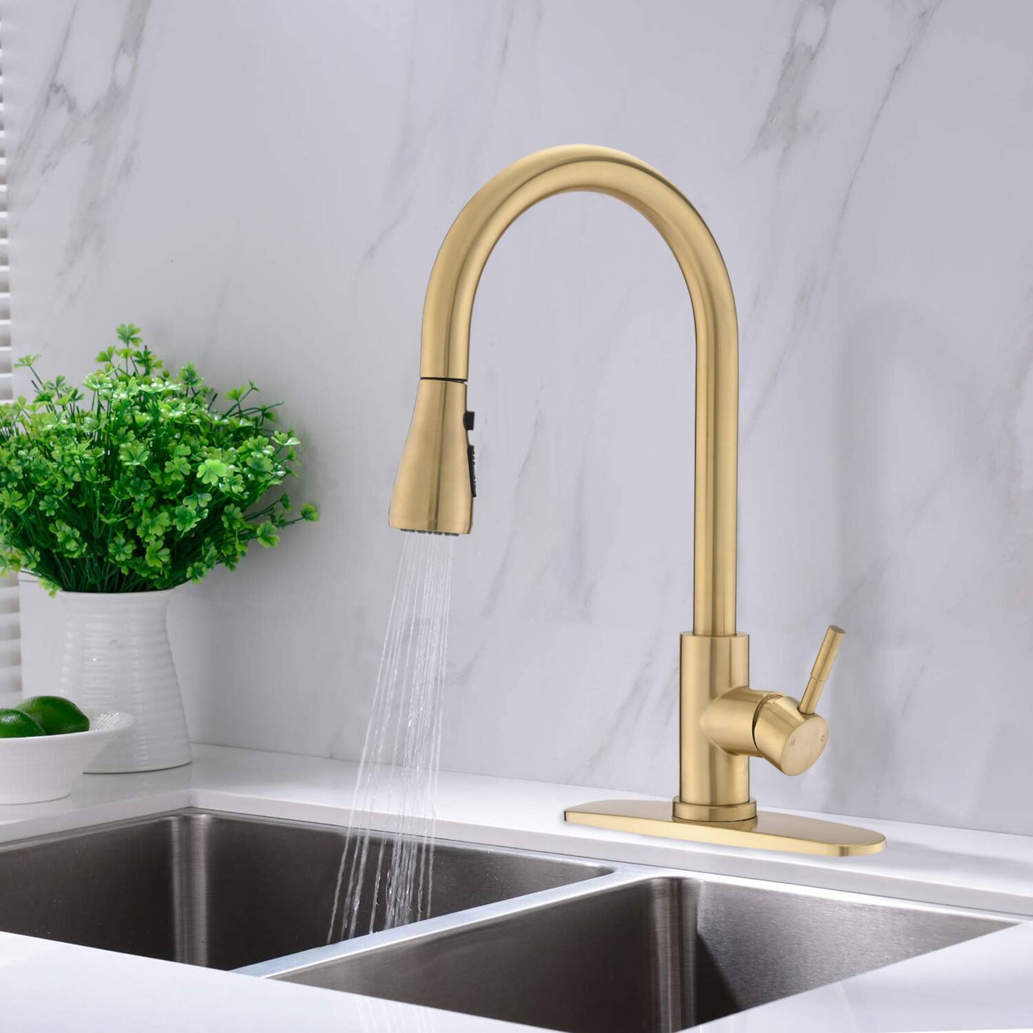 Left. APRILSOUL - Pull Down Kitchen Faucet with Sprayer Stainless Steel Brushed Gold - Brushed Gold.