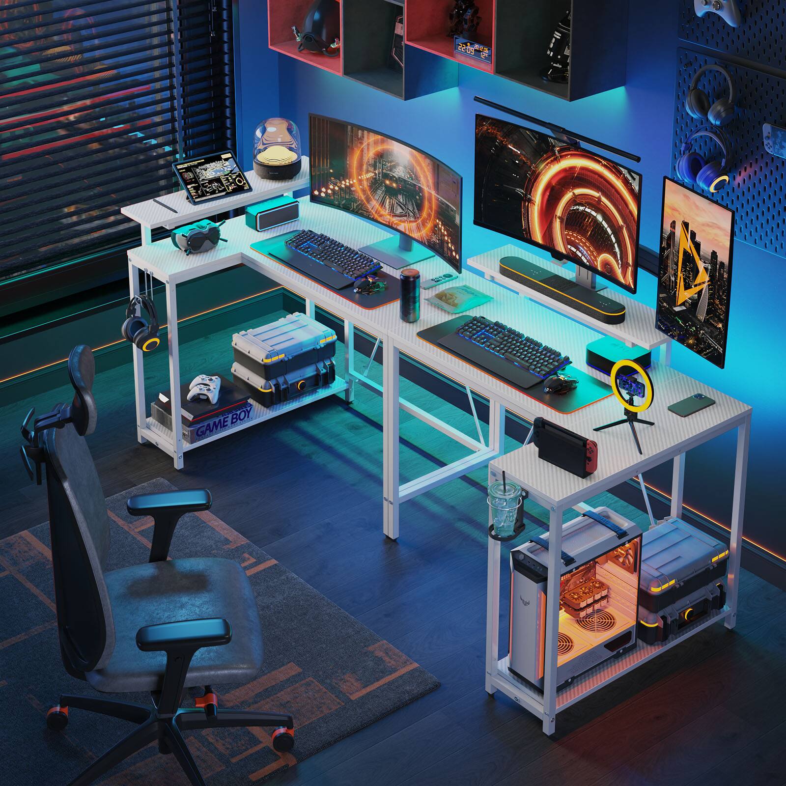 The image features a computer desk with a keyboard and mouse on it. There are two monitors on the desk, one on the left and one on the right. The desk also has a cup and a cell phone on it. A chair is positioned in front of the desk, and a computer mouse can be seen on the right side of the desk. The scene appears to be a workspace or a gaming area.