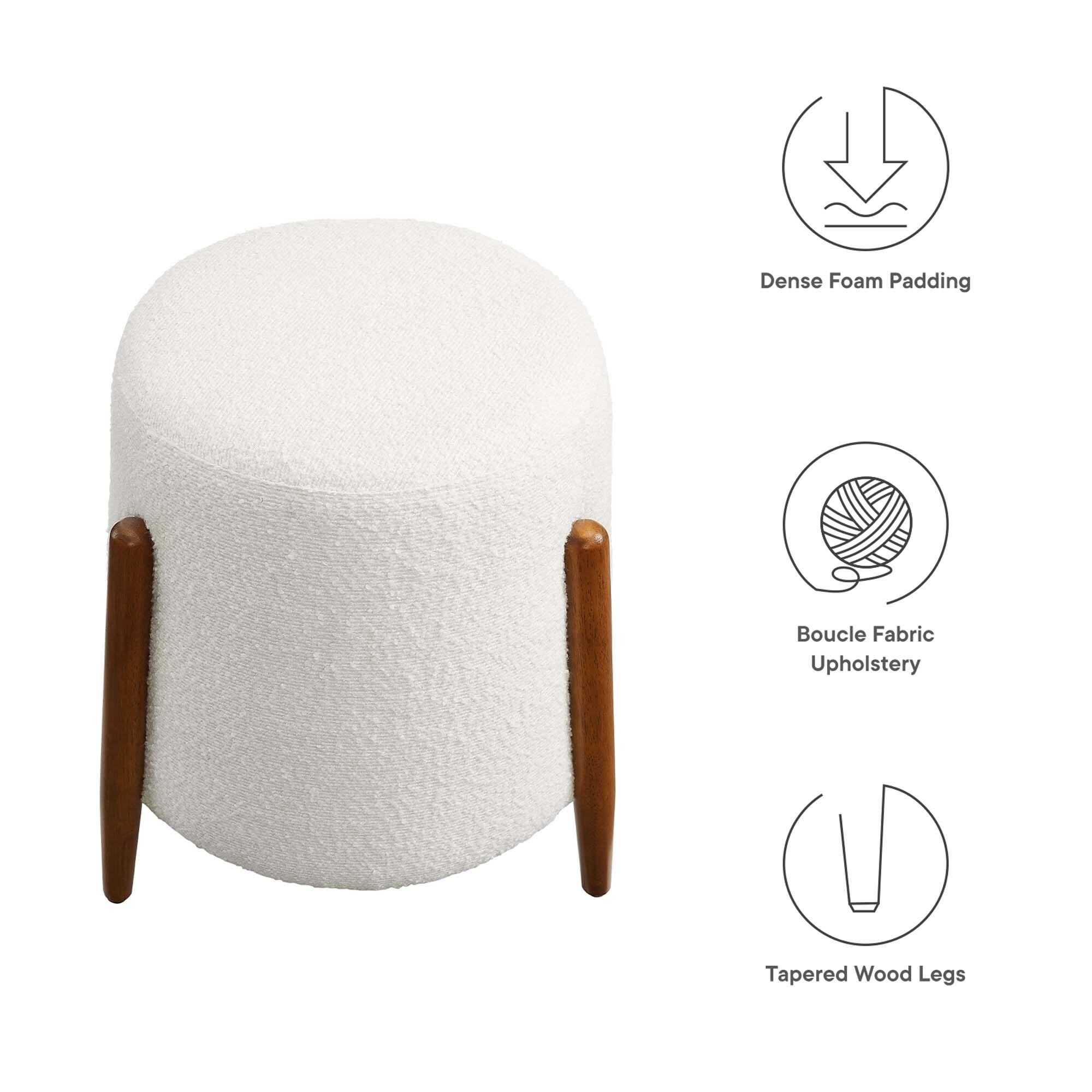 - Dense Foam Padding
- Boucle Fabric Upholstery
- Tapered Wood Legs