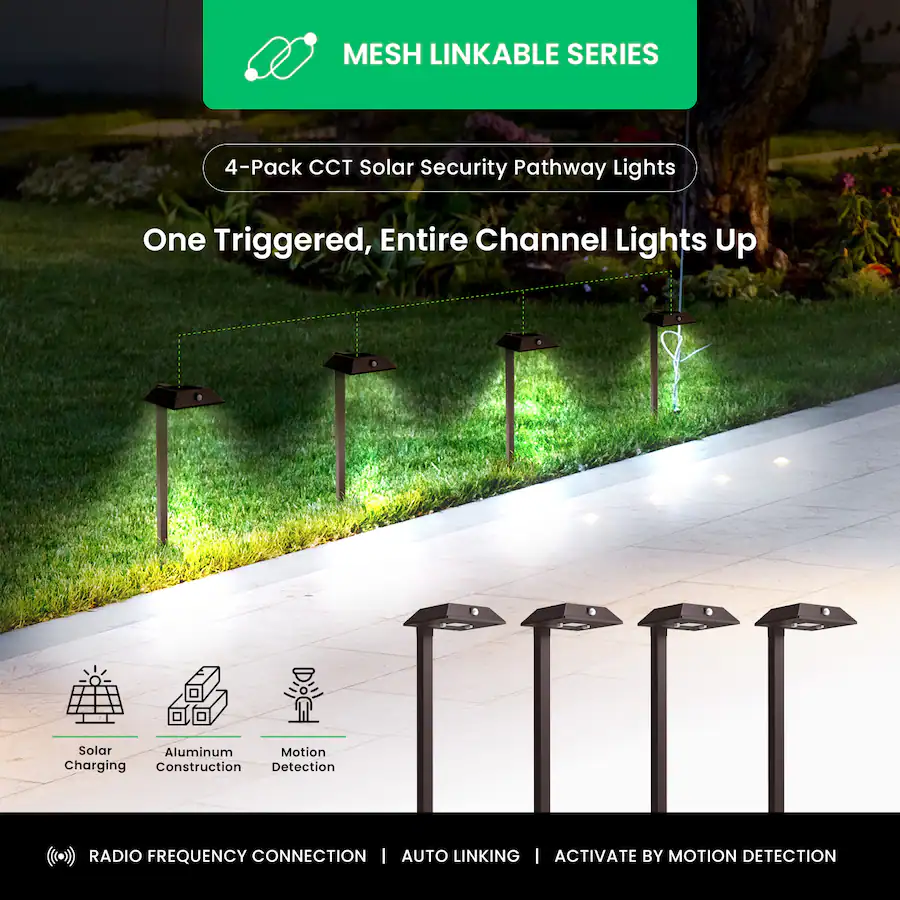 Linkable Solar Panel Home Zone Security ELI1577G 4 Pack Solar Pathway Light, 300 Lumens ...