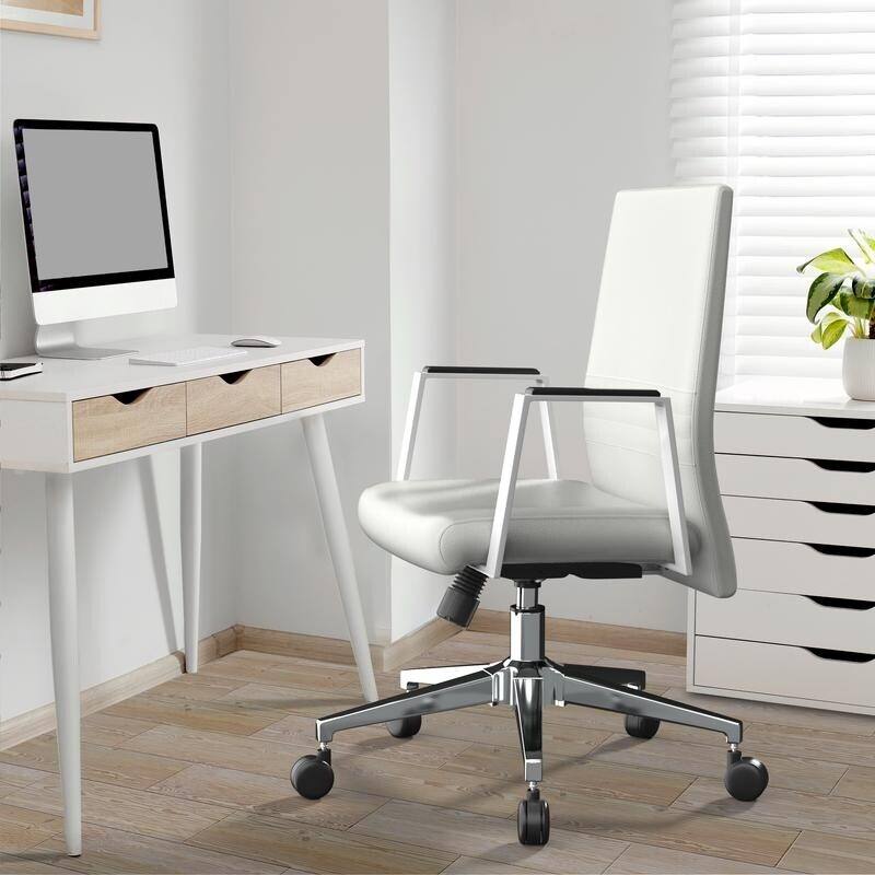 Angle. LeisureMod - Aleen Office Chair in Upholstered Leather and Iron Frame with Swivel and Tilt Comfortable Desk Chair for Home Office - White.