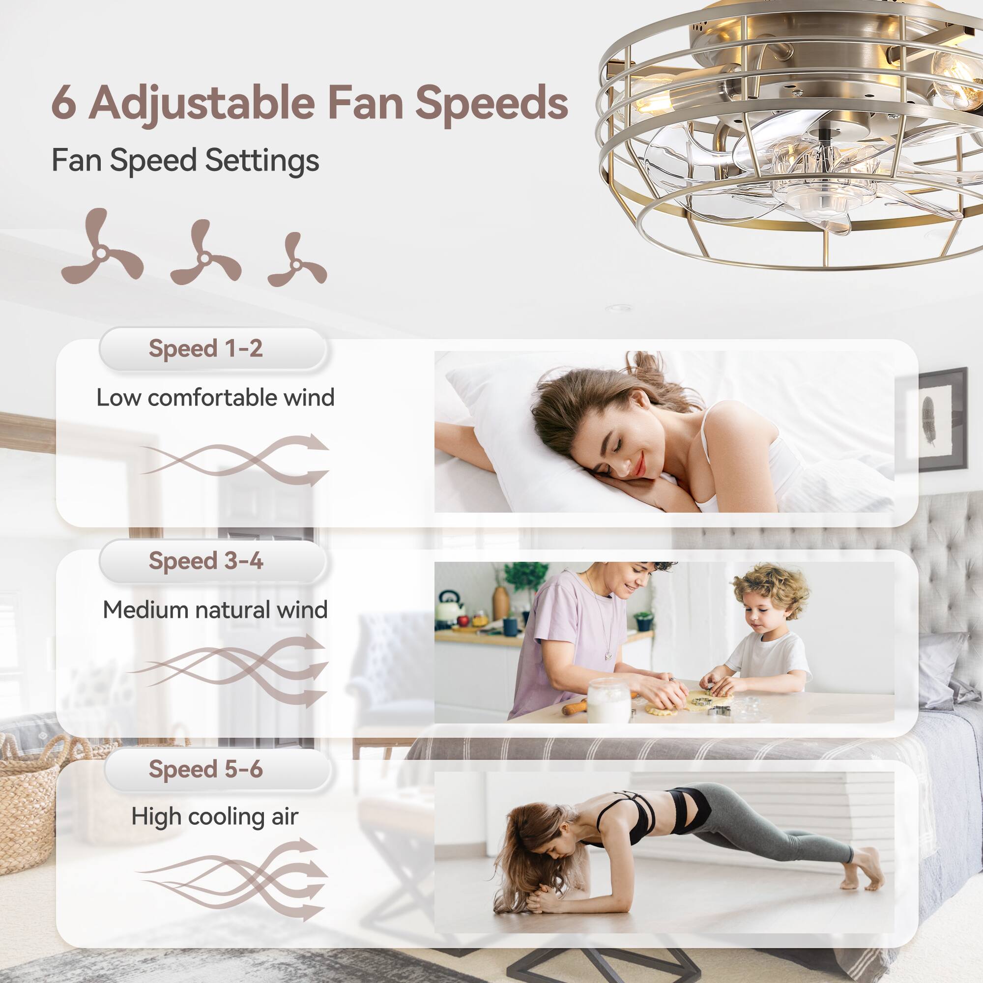 6 Adjustable Fan Speeds
Fan Speed Settings
Speed 1-2 Low comfortable wind
Speed 3-4 Medium natural wind
Speed 5-6 High cooling air