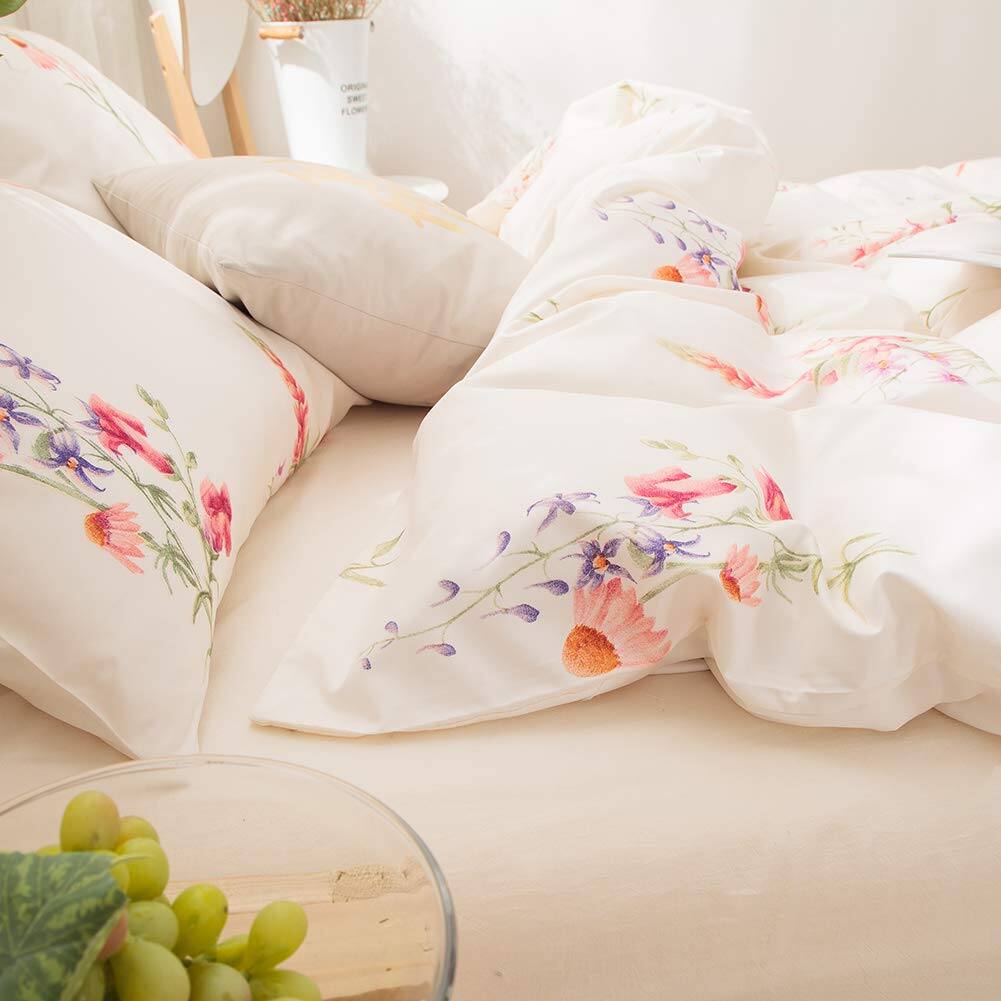 Alt View 5. PO3TICJUNKI3 - Botanical Floral Comforter Set Flowers Printed Soft Microfiber Pastoral Style Bedding Queen 1 2 Pillowcases - Offwhite-Queen.