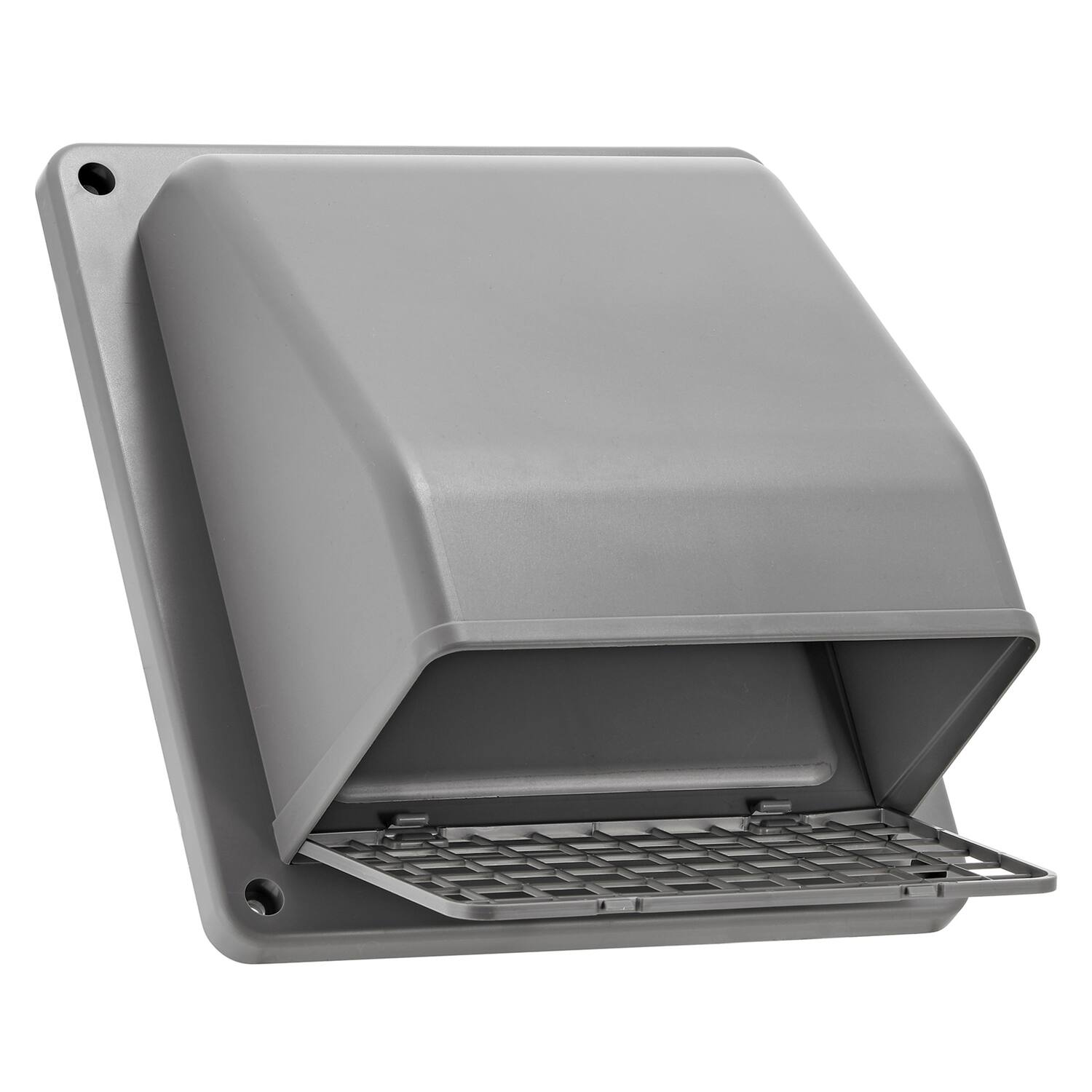 Angle. Lambro - 6" Plastic Wall Exhaust or Air Intake Vent with Hinged Screen, Removable Damper, 1.25" Collar, Model 3510.