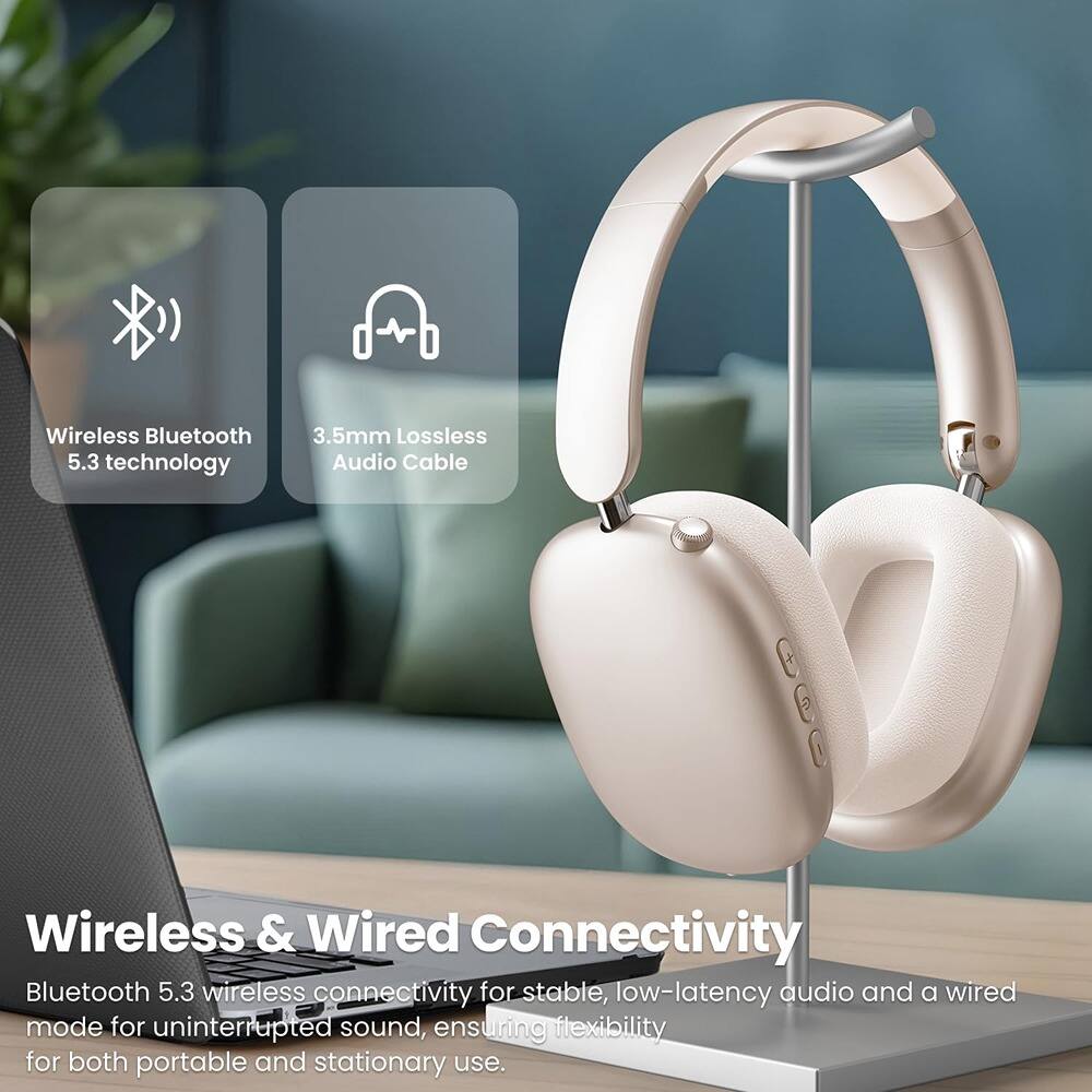 Wireless Bluetooth 5.3 technology  
3.5mm Lossless Audio Cable  

Wireless & Wired Connectivity  
Bluetooth 5.3 wireless connectivity for stable, low-latency audio and a wired mode for uninterrupted sound, ensuring flexibility for both portable and stationary use.