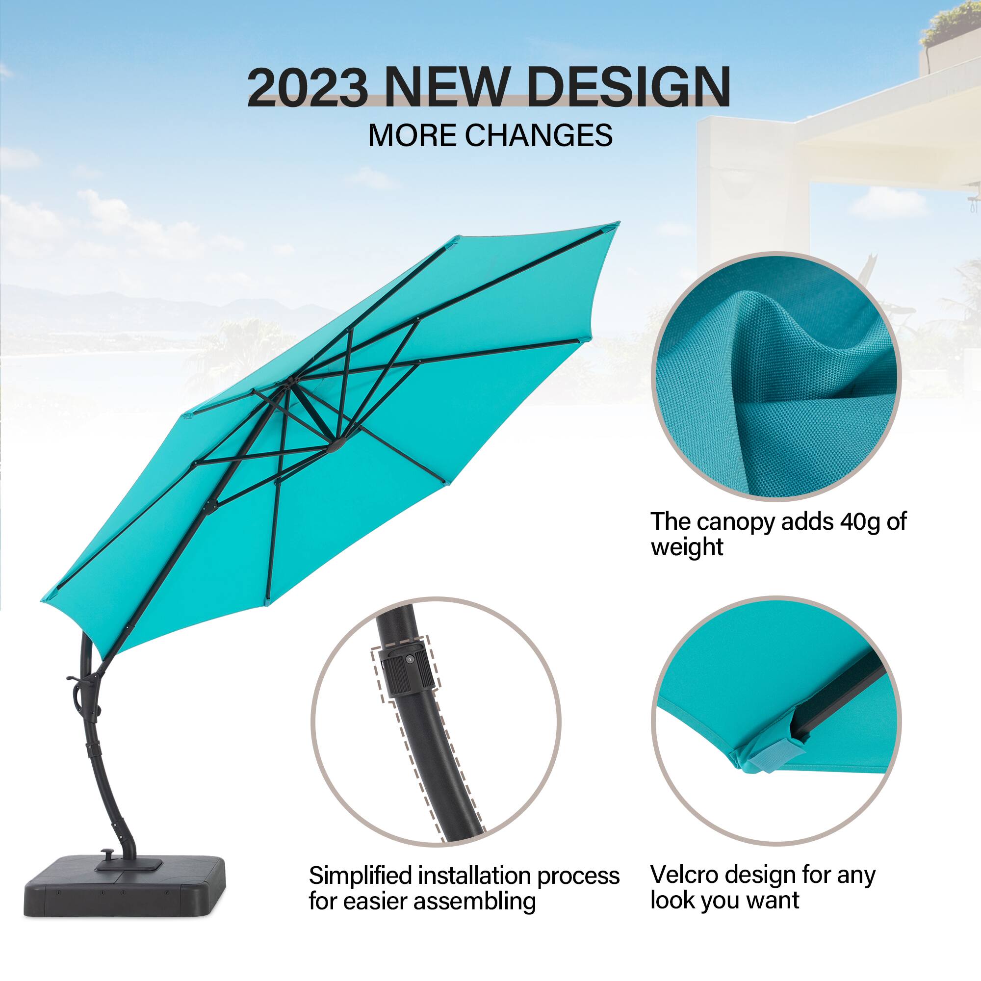 2023 NEW DESIGN  
MORE CHANGES  

- The canopy adds 40g of weight  
- Simplified installation process for easier assembling  
- Velcro design for any look you want