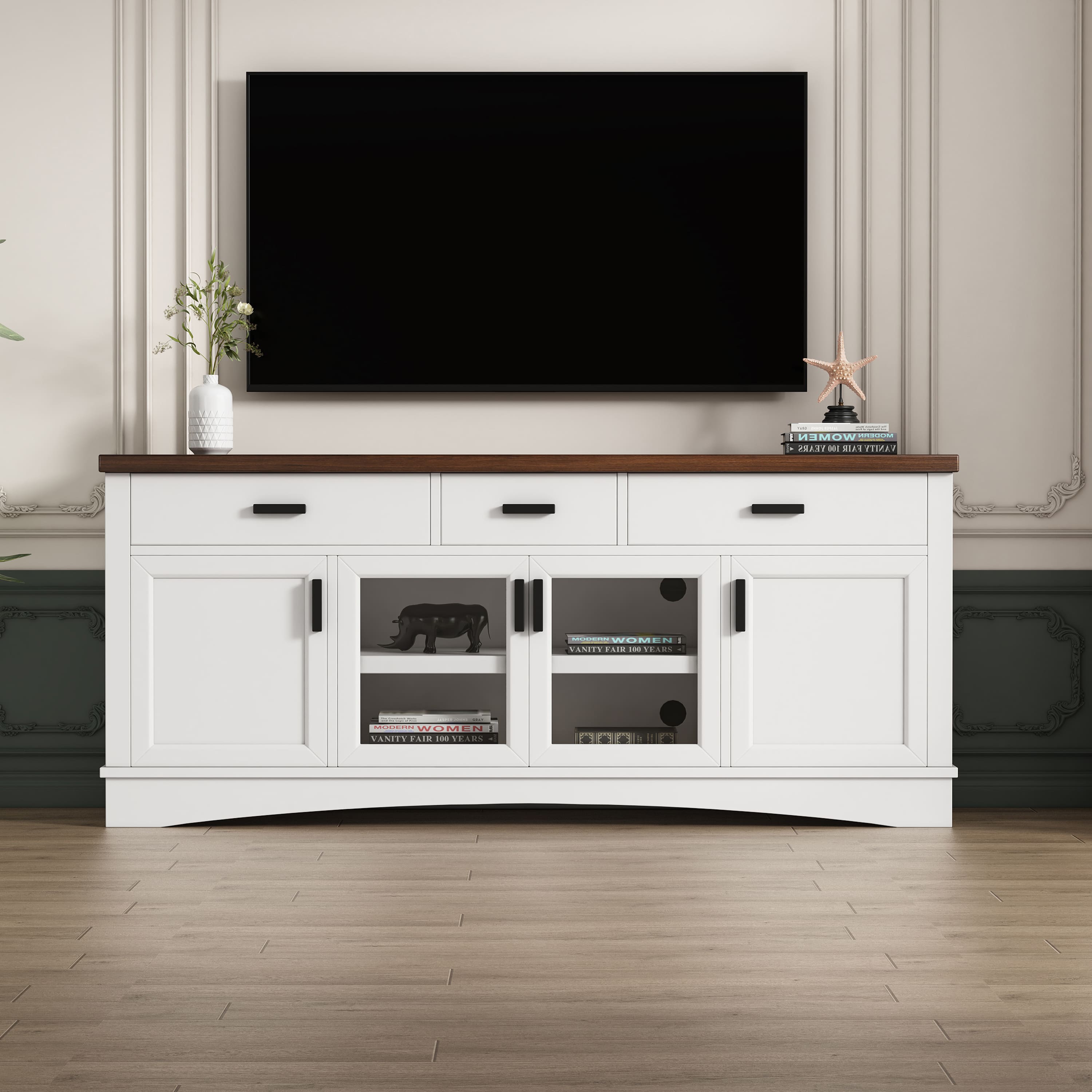 Spaco - Modern TV Console, 67" TV Stand, Glass Doors and Storage Drawers, Adjustable Shelves for Living Room and Bedroom - White
