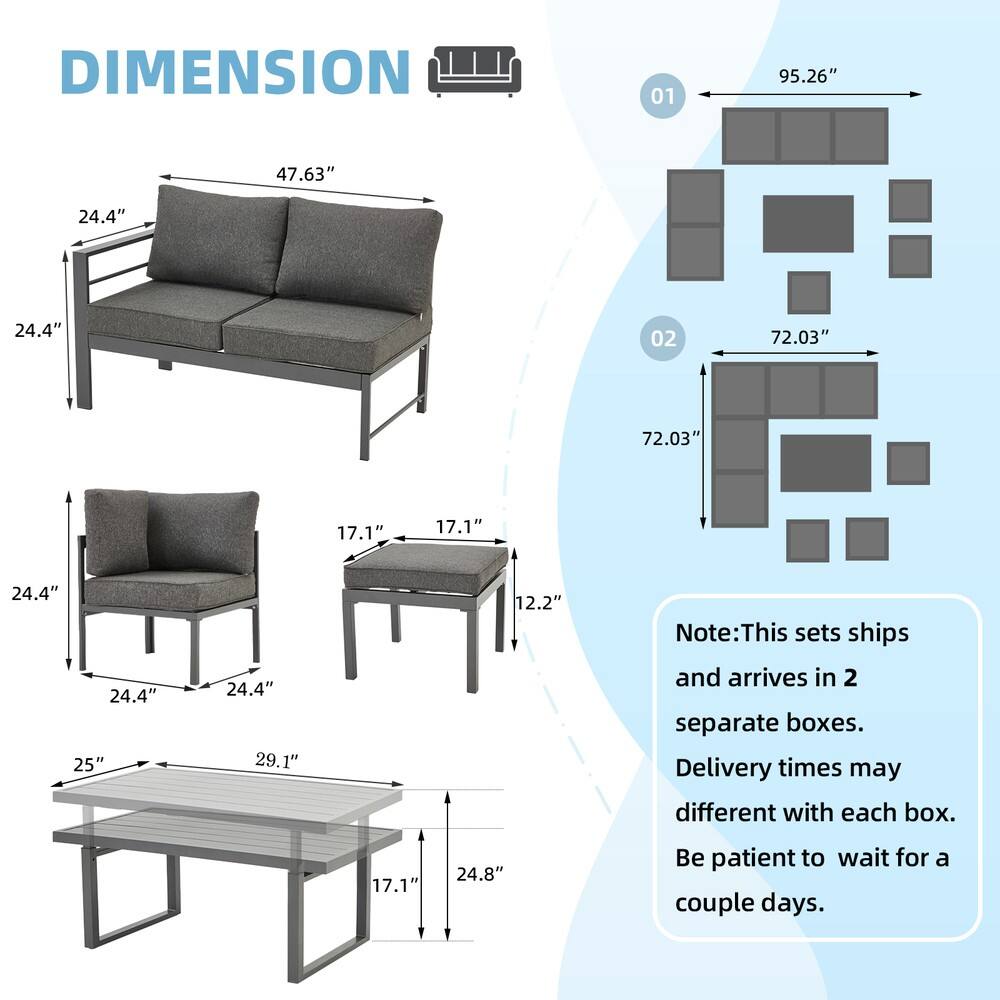 DIMENSION

01  
95.26" x 47.63" x 24.4" x 24.4"

02  
72.03" x 72.03" x 17.1" x 17.1" x 24.4" x 24.4" x 25" x 24.4" x 29.1" x 12.2"

Note: This set ships and arrives in 2 separate boxes. Delivery times may different with each box. Be patient to wait for a couple days.