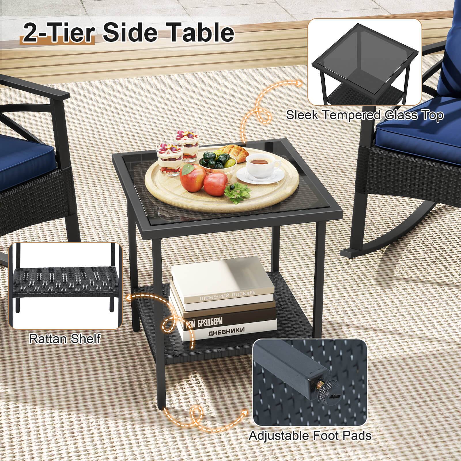 2-Tier Side Table  
Sleek Tempered Glass Top  
Rattan Shelf  
Adjustable Foot Pads