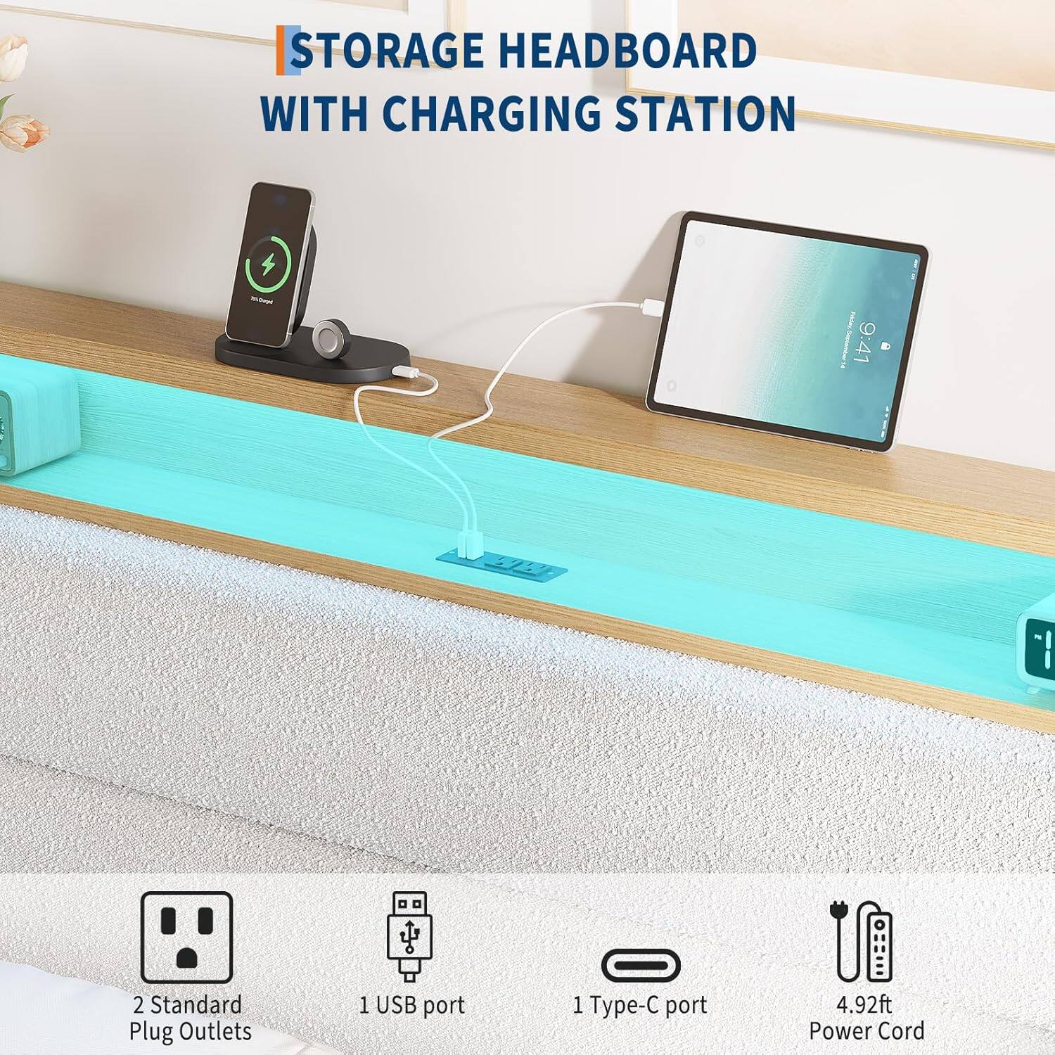 STORAGE HEADBOARD WITH CHARGING STATION

- 2 Standard Plug Outlets
- 1 USB port
- 1 Type-C port
- 4.92ft Power Cord