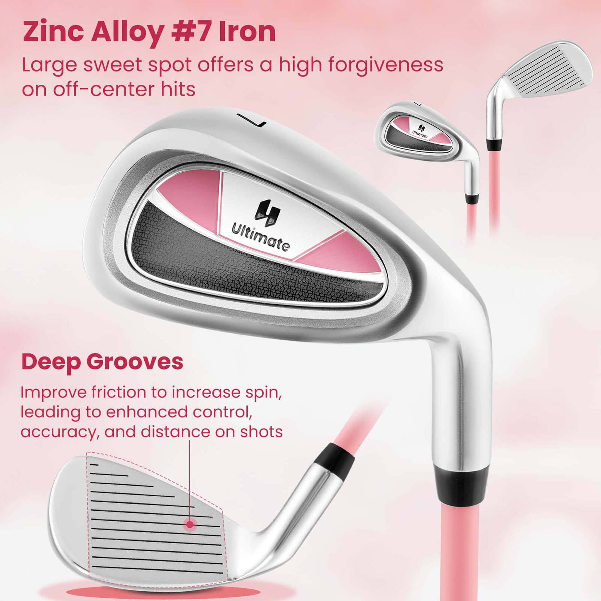 Zinc Alloy #7 Iron  
Large sweet spot offers a high forgiveness on off-center hits  

Deep Grooves  
Improve friction to increase spin, leading to enhanced control, accuracy, and distance on shots