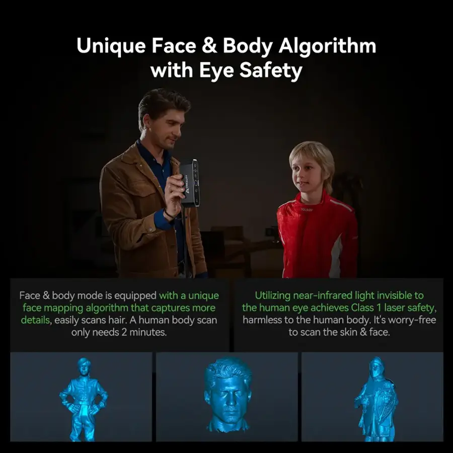 Unique Face & Body Algorithm with Eye Safety:

Polion's Face & Body mode is equipped with a unique face mapping algorithm that captures more details, including scanning hair. A human body scan only takes 2 minutes. Utilizing near-infrared light, which is invisible to the human eye, achieves Class 1 laser safety, ensuring that the process is harmless to the human body. This worry-free scanning of the skin and face allows for a safe and efficient experience.