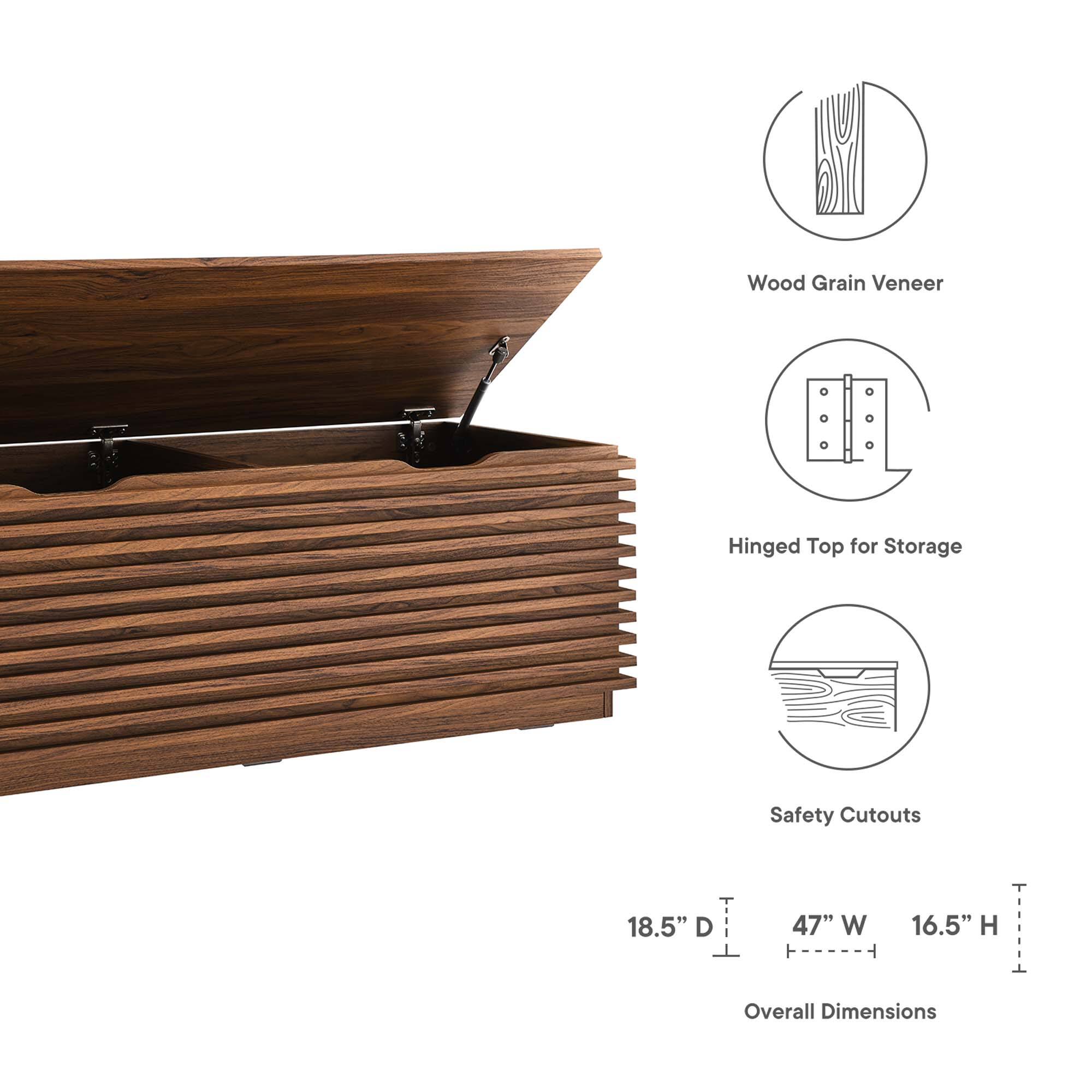 Wood Grain Veneer  
Hinged Top for Storage  
Safety Cutouts  

Overall Dimensions:  
18.5" D x 47" W x 16.5" H
