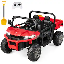 Costway - 24V Ride on Dump Truck Electric 2-Seater Kids UTV w/Dump Bed & Bight Lights and Remote Control - Red