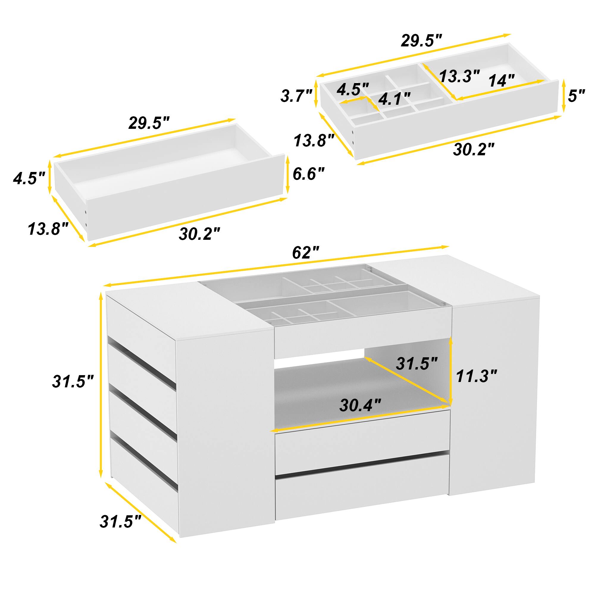 The text on the image is grouped and corrected as follows:

1. 29.5" 4.5" 29.5" 3.7" 4.5" 4.1" 13.8" 6.6" 13.3" 14" 30.2" 5" 13.8" 30.2" 62" 31.5" 31.5" 11.3" 30.4" 31.5"

This corrected text represents the dimensions of a white box, with the measurements provided in both inches and centimeters. The measurements are grouped by type, such as height, width, and depth, and are separated by commas.