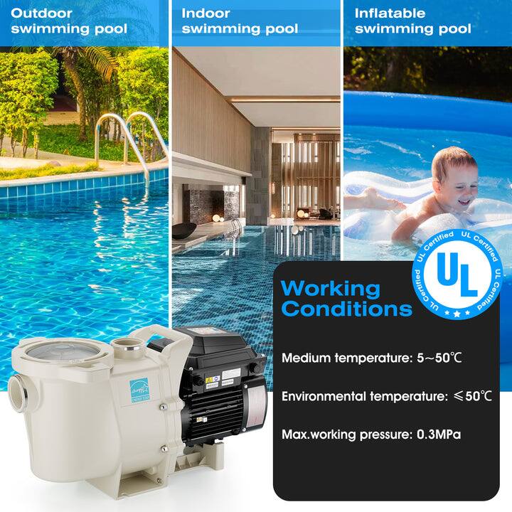 Outdoor swimming pool  
Indoor swimming pool  
Inflatable swimming pool  

Working Conditions  
Medium temperature: 5~50°C  
Environmental temperature: ≤50°C  
Max. working pressure: 0.3MPa  

UL Certified