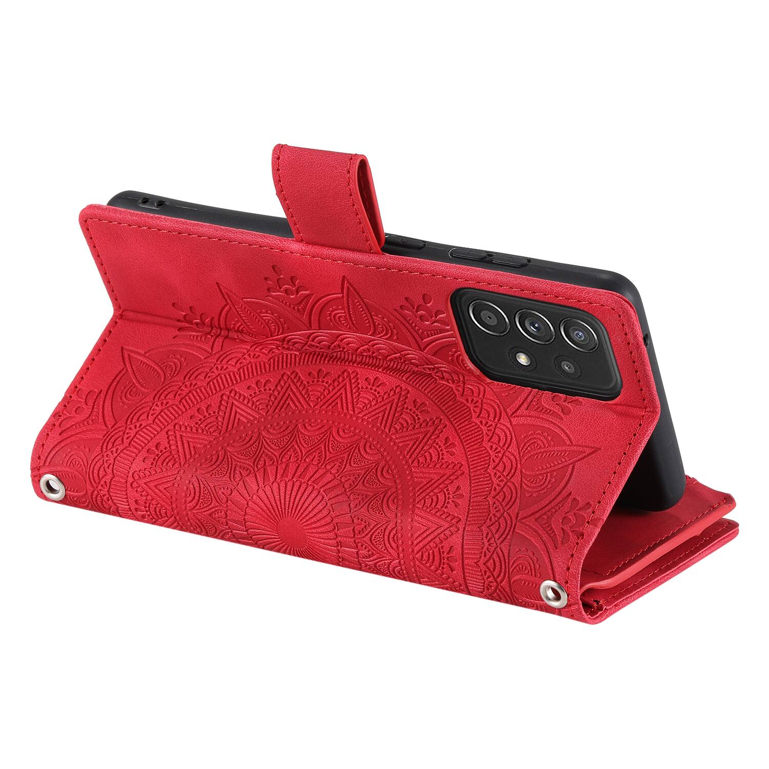 Back. Dteck - Wallet Case for Samsung Galaxy A17 5G Zipper Pocket Flowers PU Leather Flip Stand Cover With Crossbody+Wrist Strap - Red.