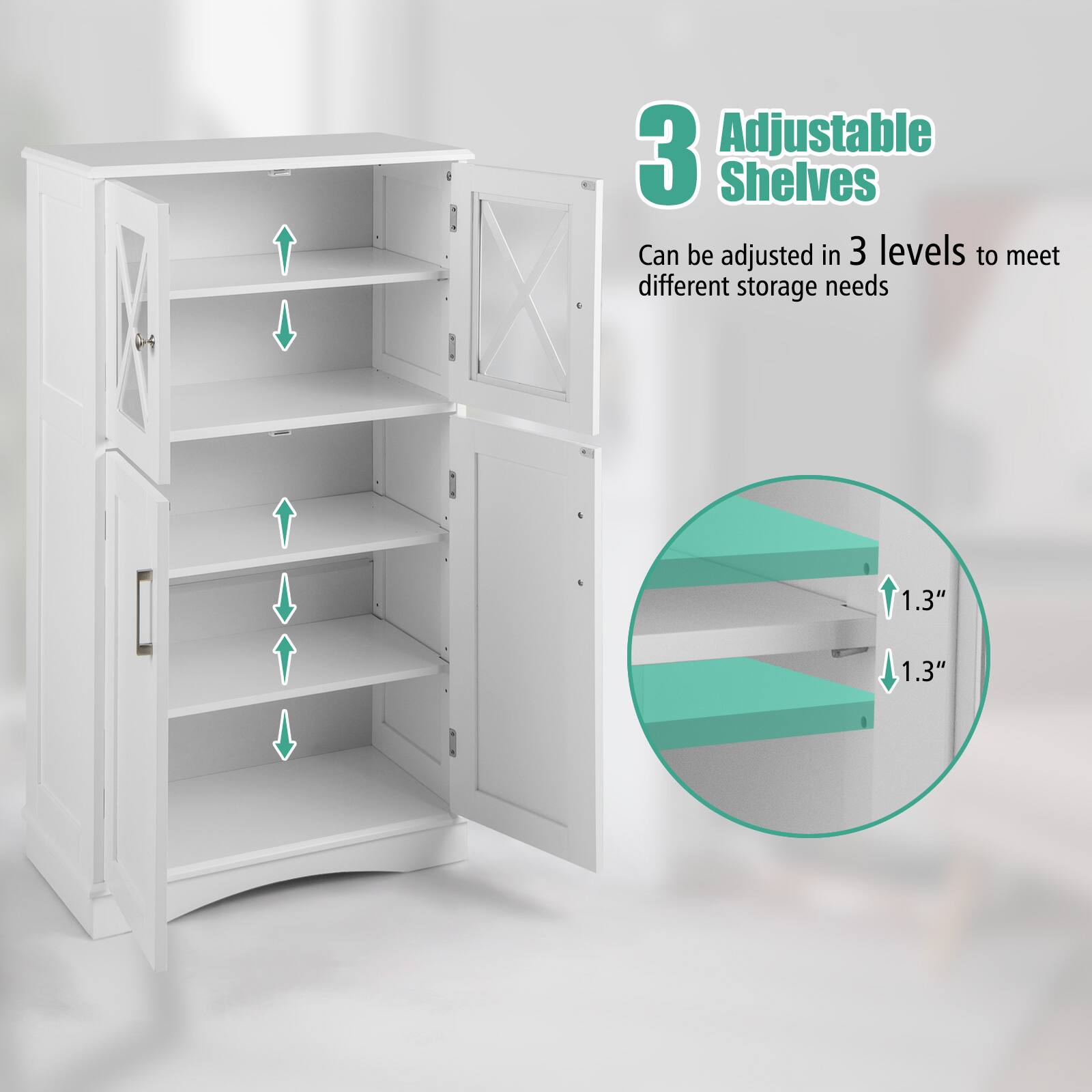 3 Adjustable Shelves
Can be adjusted in 3 levels to meet different storage needs
1.3"
1.3"