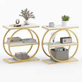 Gymax - 2PCS Faux Marble Side Table w/Metal Frame3-Tier Sofa End Table w/ Storage Shelf - White