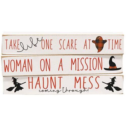 Sure, here is the corrected and grouped text from the image:

---

**TAKE ONE SCARE AT A TIME**

**WOMAN ON A MISSION**

**HAUNT MESS**

**coming through!**

---