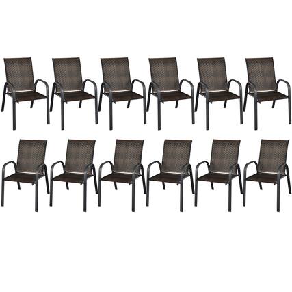 Front. Gymax - Gymax 12PCS Outdoor PE Wicker Stacking Dining Chairs Patio Arm Chairs Mix Brown - Brown.