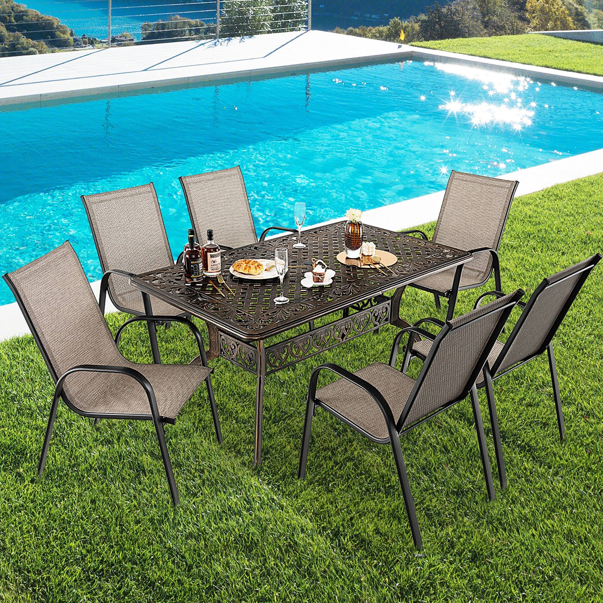 Alt View 2. Costway - Costway 59'' Outdoor Dining Table All-Weather Cast Aluminum Umbrella Hole 6 Person - Bronze.