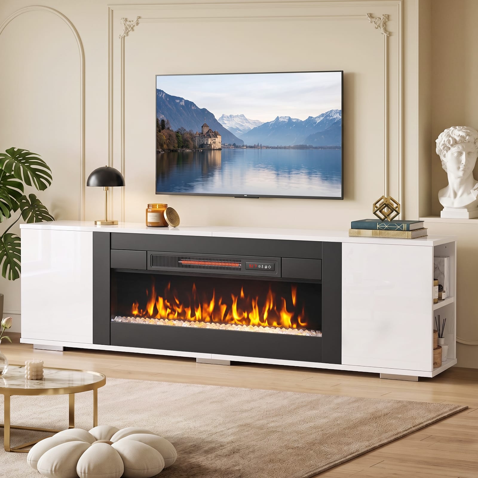Front. Pinmoco - 70" Electric Fireplace TV Stand, 36" Fireplace Entertainment Center with Adjustable Shelves, TV Stand Fits up to 80" - White.