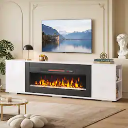 Pinmoco - 70" Electric Fireplace TV Stand, 36" Fireplace Entertainment Center with Adjustable Shelves, TV Stand Fits up to 80" - White