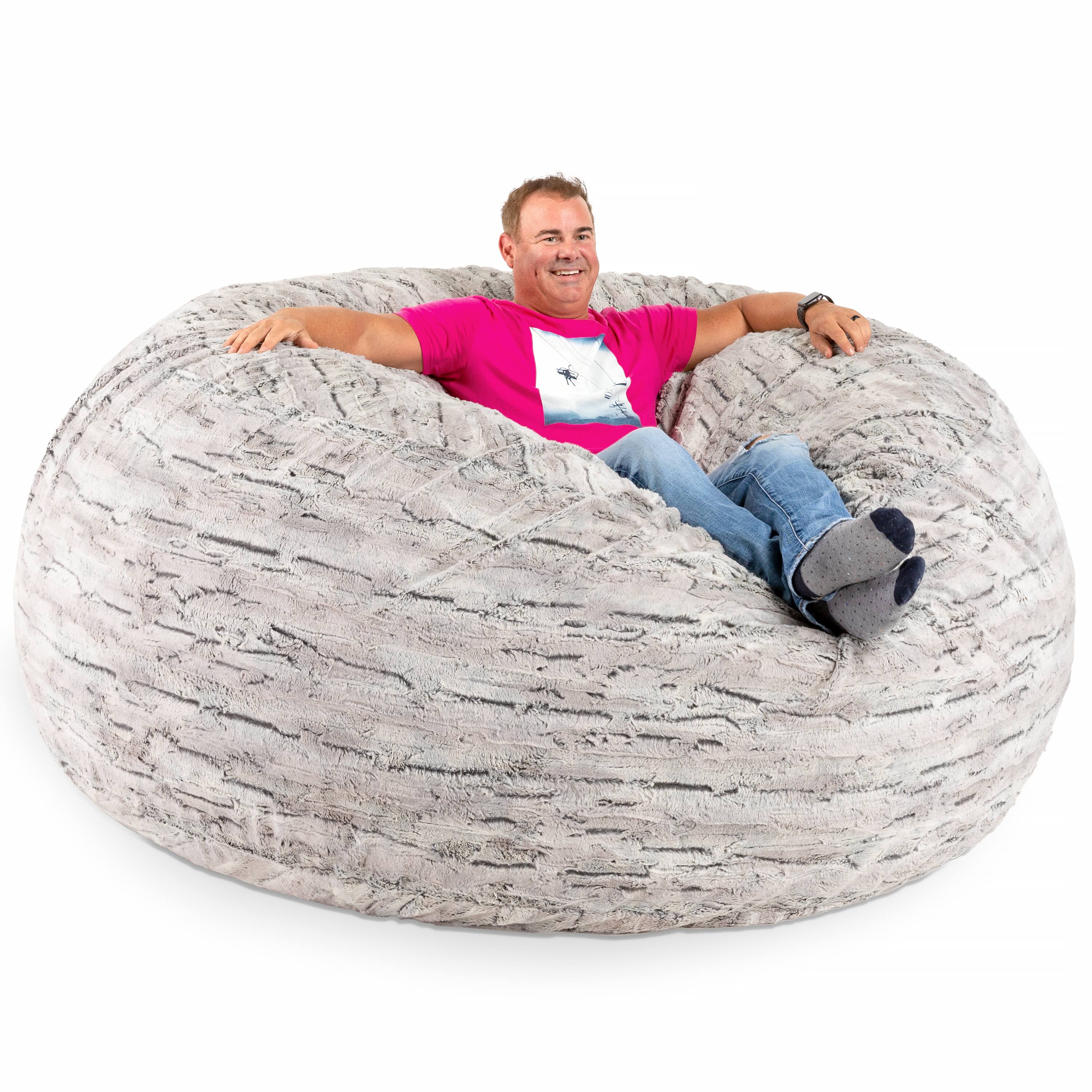 Left. Jaxx - Jaxx Saxx 6 Foot Giant Bean Bag Chair- Luxe Faux Fur, Silver Fox - Faux Fur - Silver Fox.