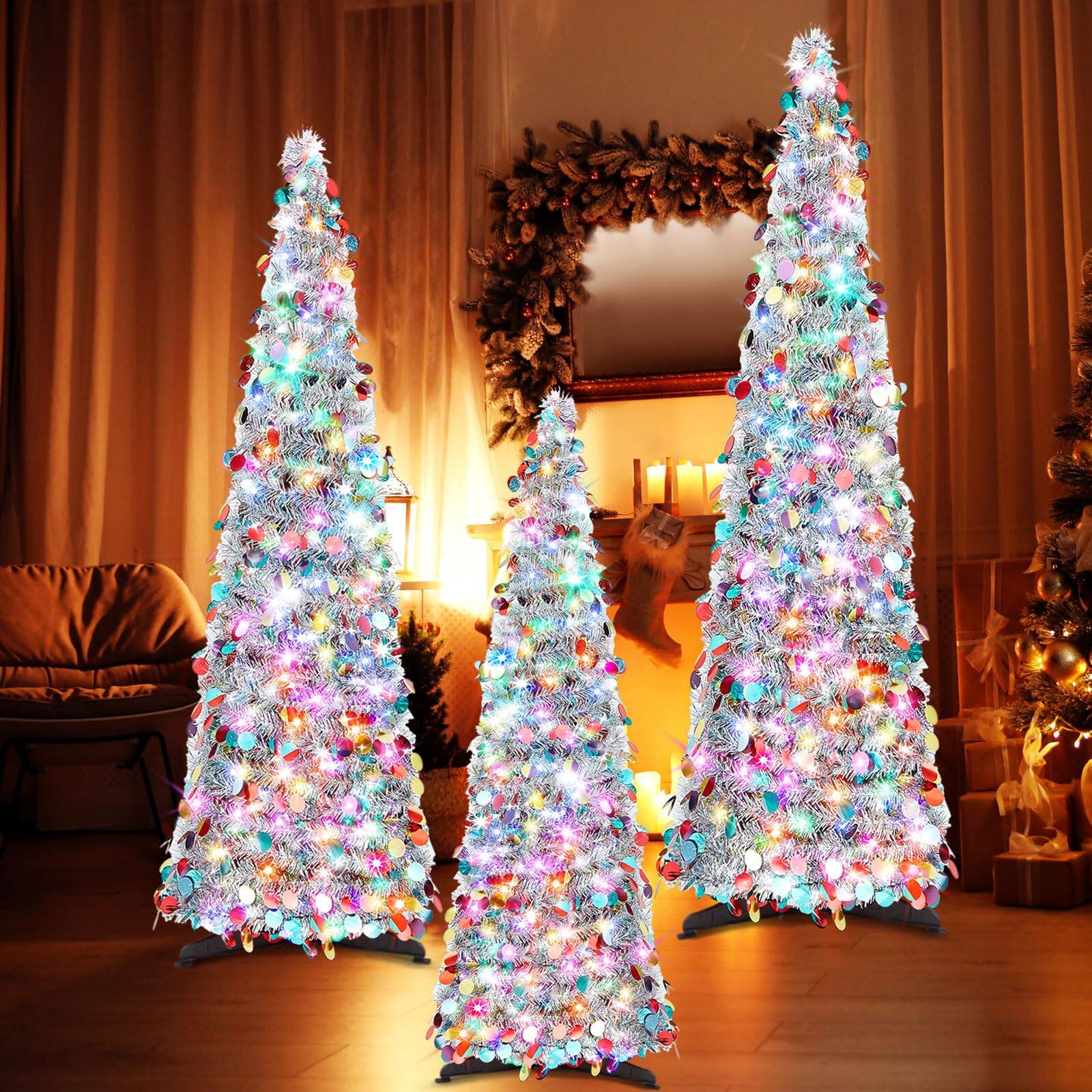 Front. TECH SAFARI - 4/5/ Collapsible Christmas Tree With Lights Artificial Pop Up Tinsel Pencil Skinny Xmas Trees For Home Party... - Default.
