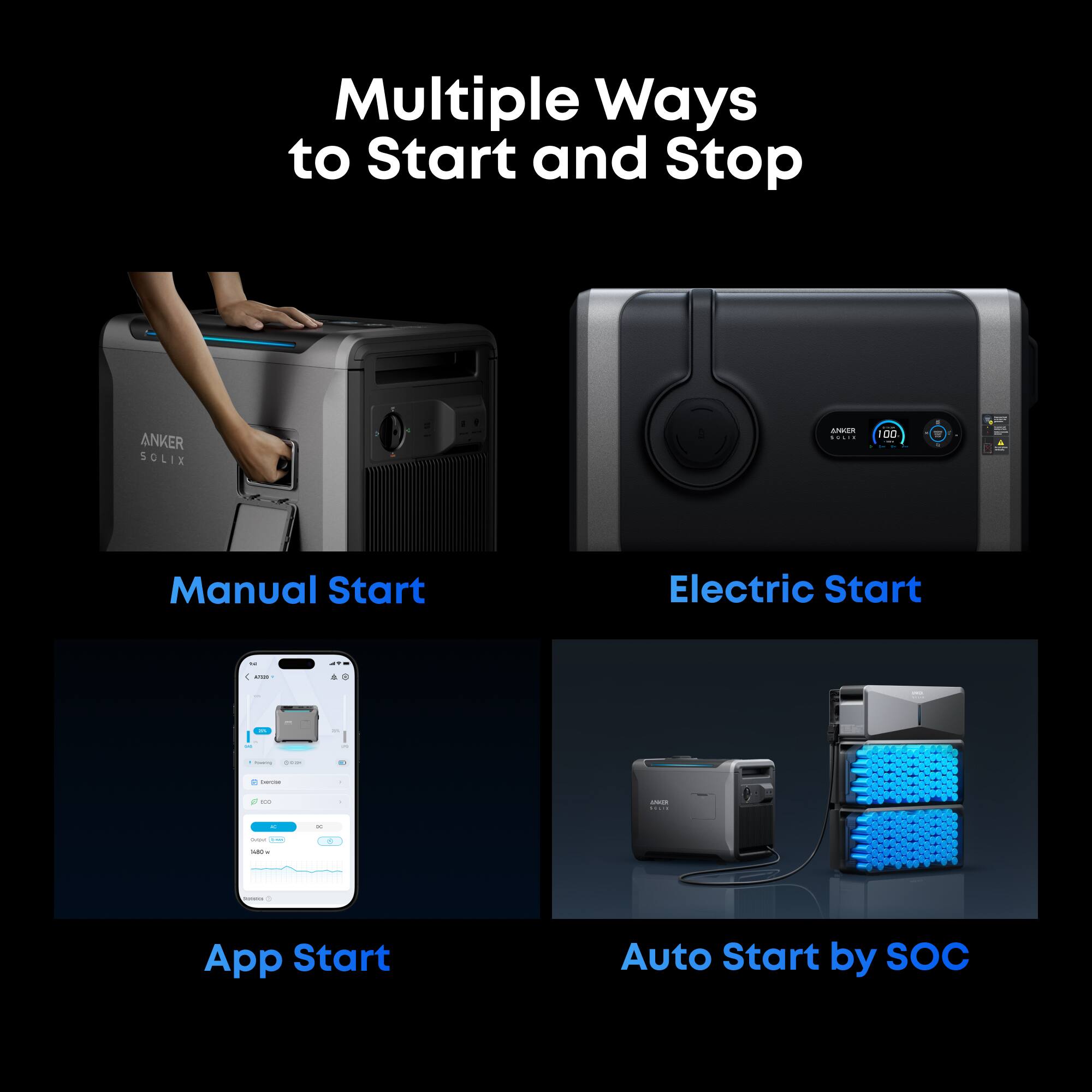 Multiple Ways to Start and Stop

ANKER SOLIX
- Manual Start
- Electric Start
- App Start
- Auto Start by SOC