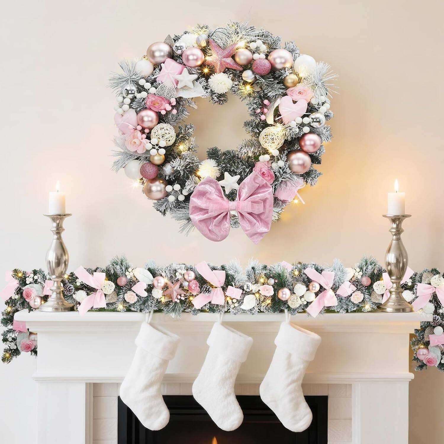 Alt View 7. GARVEE - 24 Inch Pink Christmas Wreath with 20 LED Lights, Ribbon Bow, Berries, Ornaments, for Front Door Fireplace Window Wall - Green.