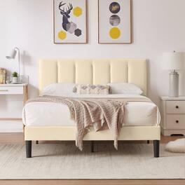 Vecelo - Full Upholstered Bed with Adjustable Headboard & 7.9" Underbed Storage - Quiet Slat Metal Platform Bed,Fabric Frame - Beige